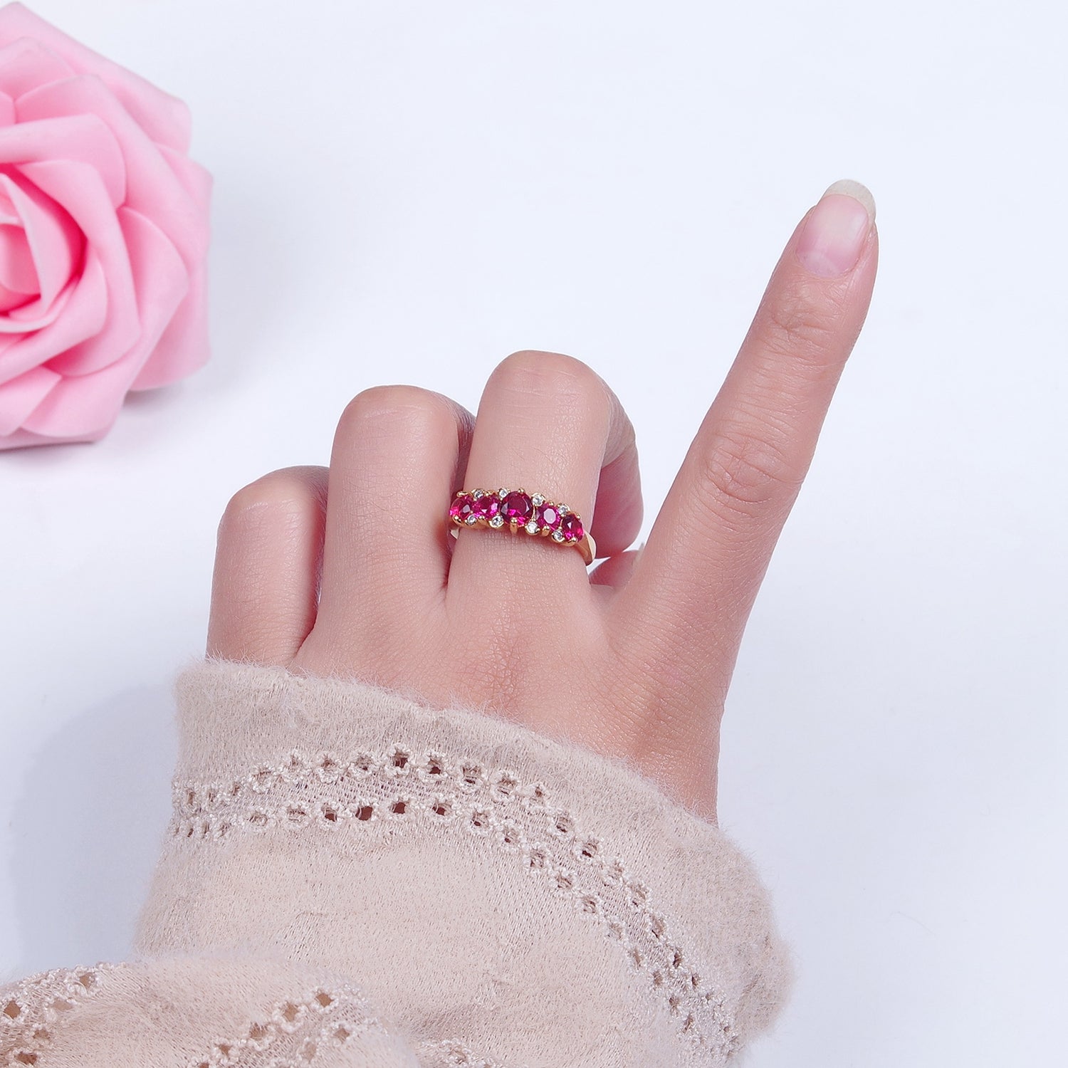 24K Gold Filled Fuchsia Pink Promise Ring, Round Cubic Zirconia CZ Ring V-535 - DLUXCA