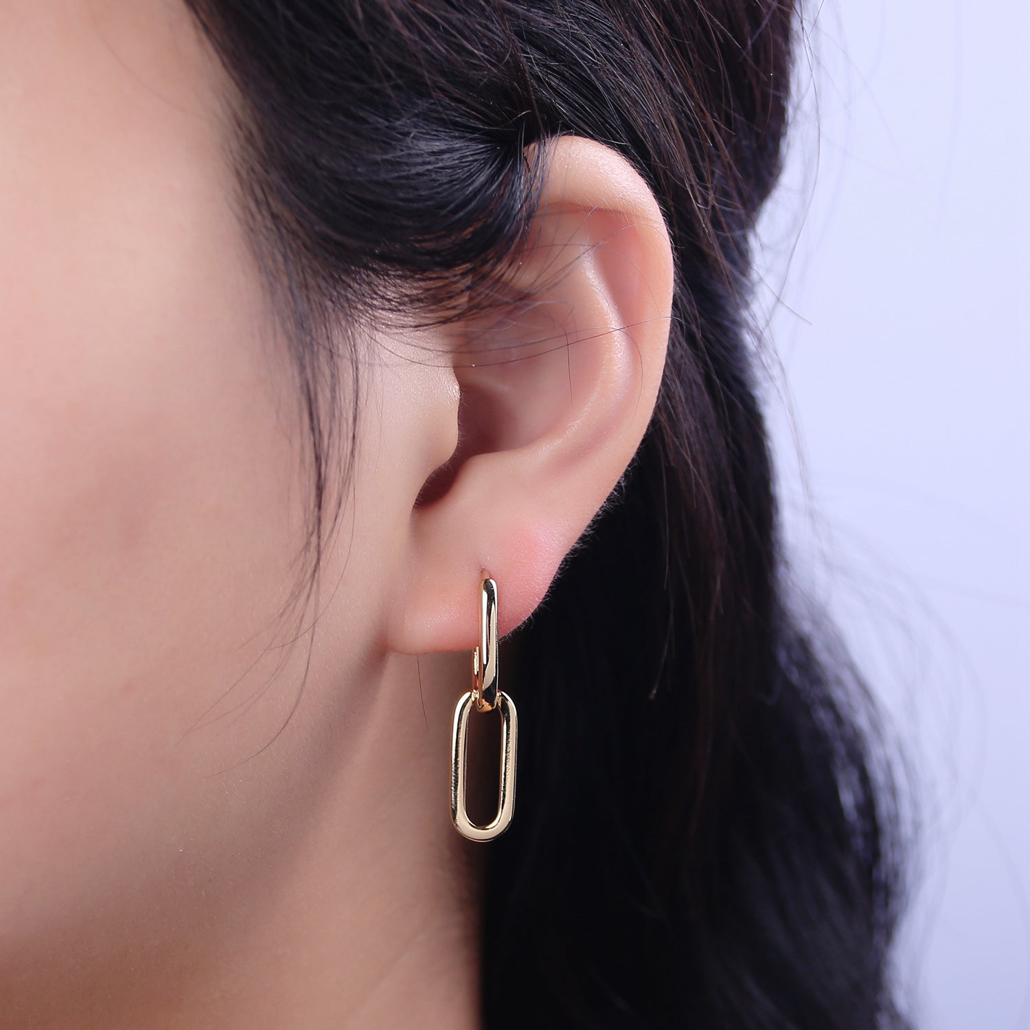 14K Gold Filled Oval Hoop Chunky Earrings With Dangle Link Chain Rectangular Hoop Earrings, Geometric Hoops T-295 - DLUXCA