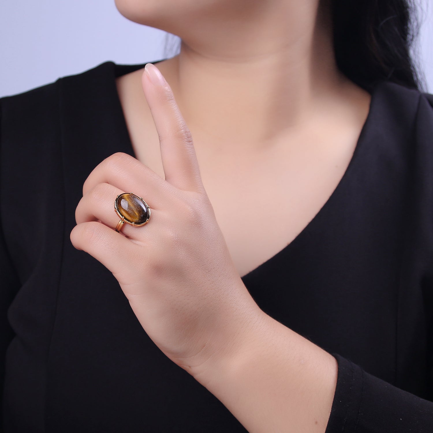 Gold Tiger Eye Rings | Oval Gemstone Signet Ring | Gold Gem Stone Rings | Chunky Gold Statement Ring U-371 - DLUXCA