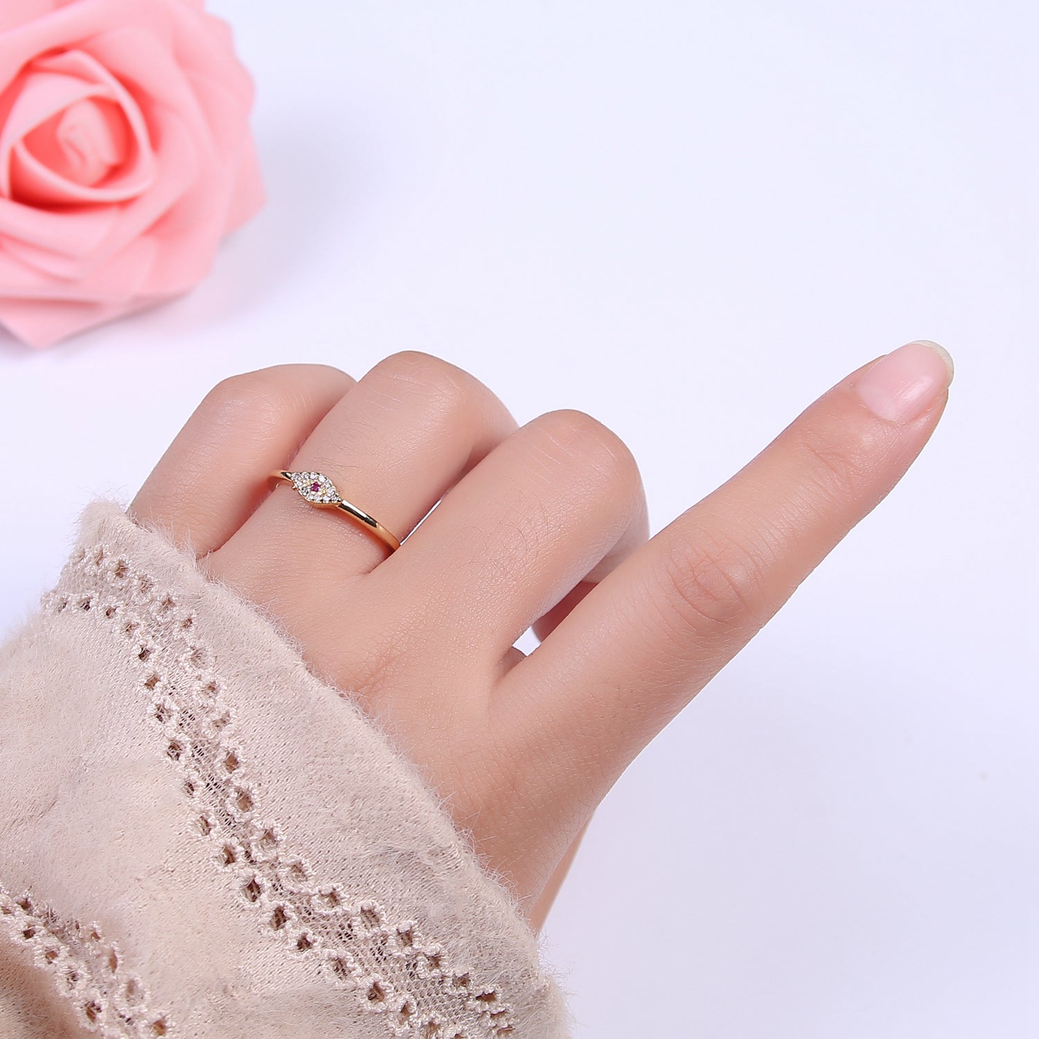 Dainty Evil Eye Stacking Ring, Gold Minimalist Ring, Simple cz Ring, Gold Filled Ring, Thin Ring, Delicate Ring, Gift for her U-325 - DLUXCA