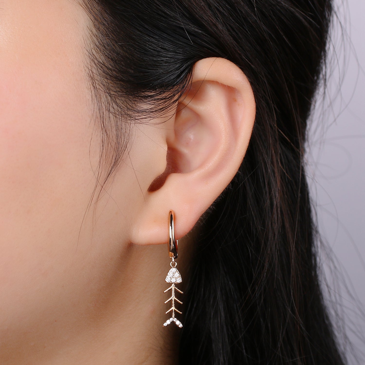 Gold fish bone hoop earring endless hoops huggies dangle earring simple earrings everyday gift for her - DLUXCA