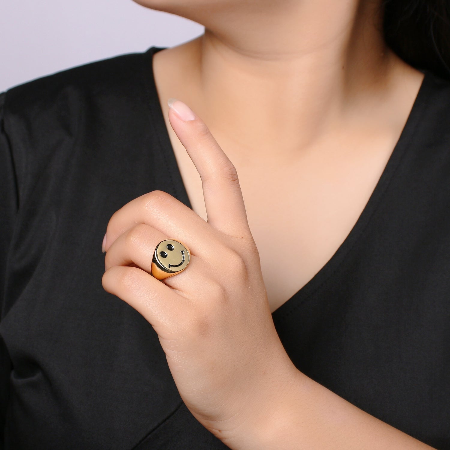 Black Smiley Face 24K Gold Filled Adjustable Ring -O319 - DLUXCA