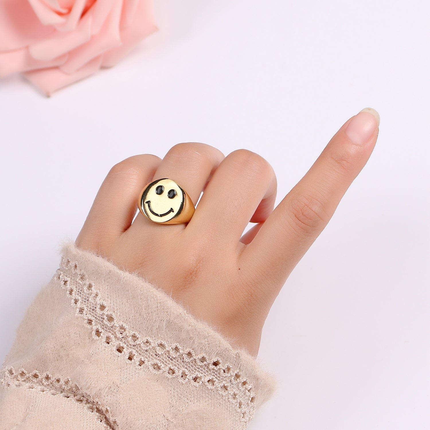 Black Smiley Face 24K Gold Filled Adjustable Ring -O319 - DLUXCA