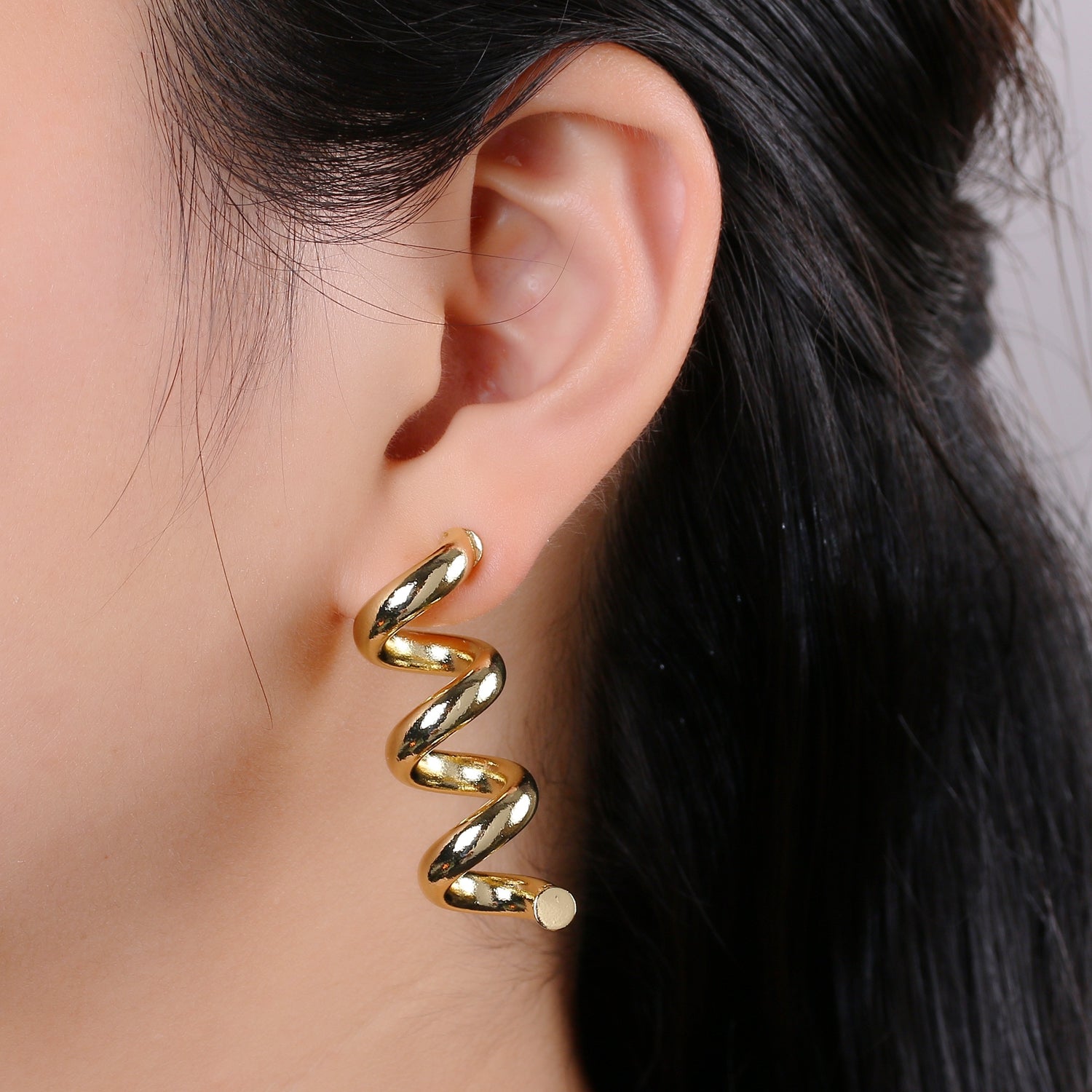 Gold Spiral Earrings, Gold Stud Earrings, Gold Corkscrew Earrings, Gold Chunky Earrings Bold Statement Jewelry Ear-1318 - DLUXCA
