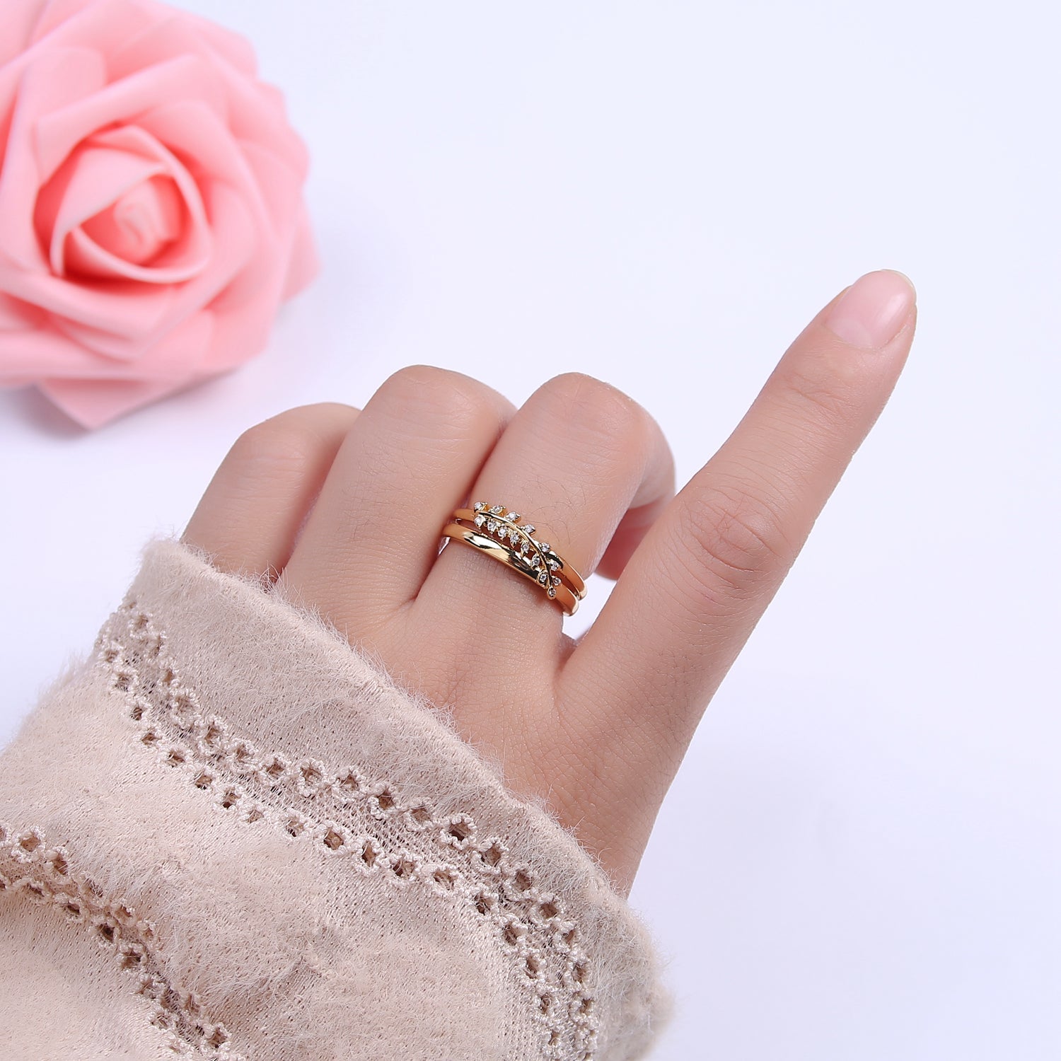 Gold Filled Double Olive Branch Vine with Crystal Zirconia CZ Band Adjustable Ring in 24K Gold & Silver | U386, U387 - DLUXCA