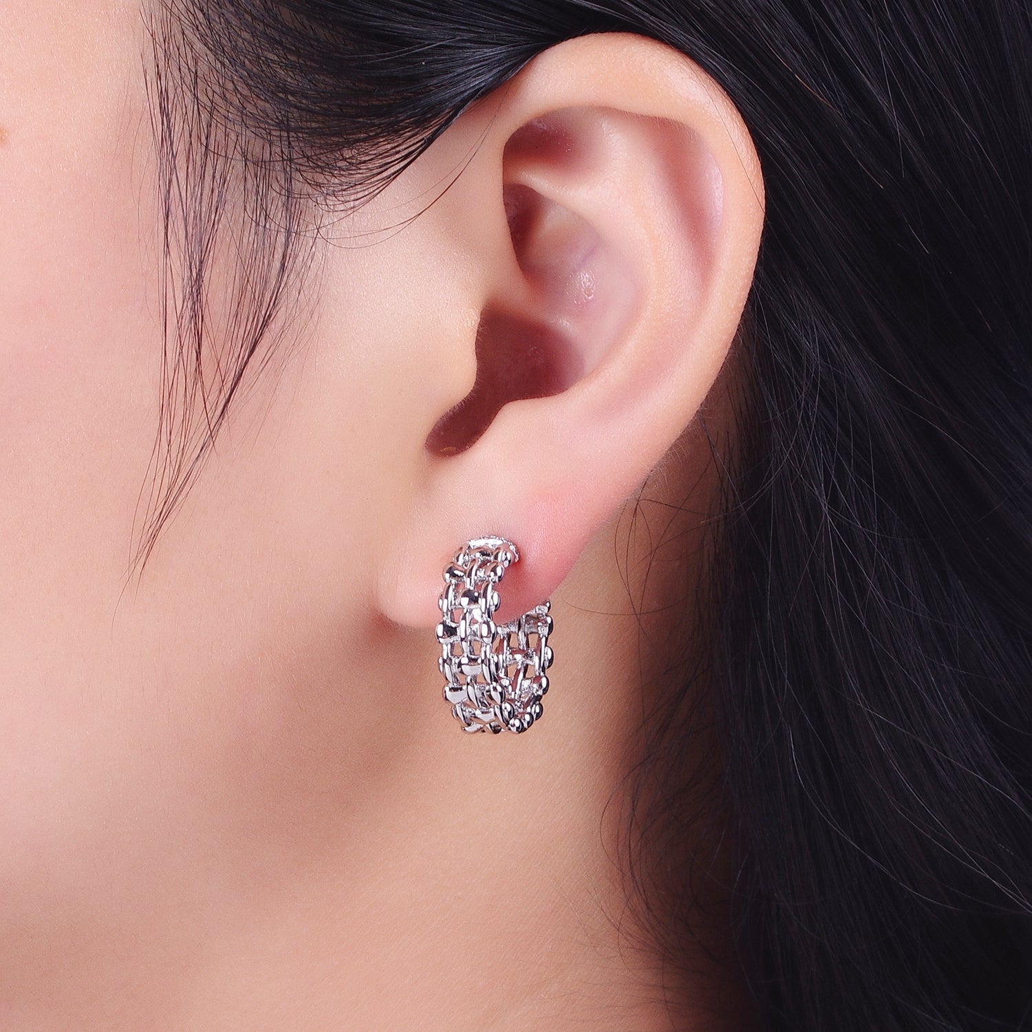 Minimalist Gold, Silver Bubble Wide 20mm C-Shaped Stud Hoop Earrings | Y183 Y184 - DLUXCA