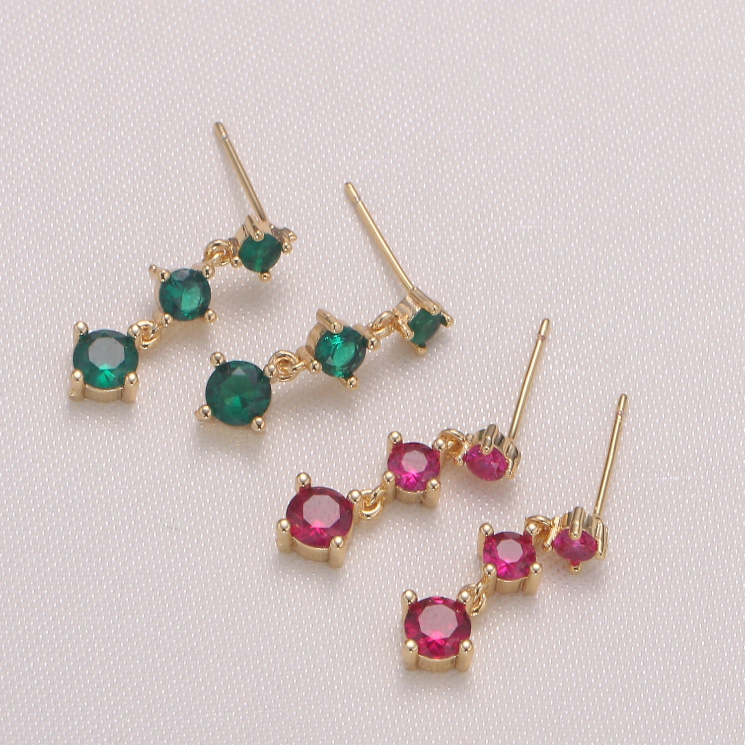 Triple Red and Green Zirconia Golden Rod Studs Earring CZ Gold Plated Stud Earring Jewelry - DLUXCA