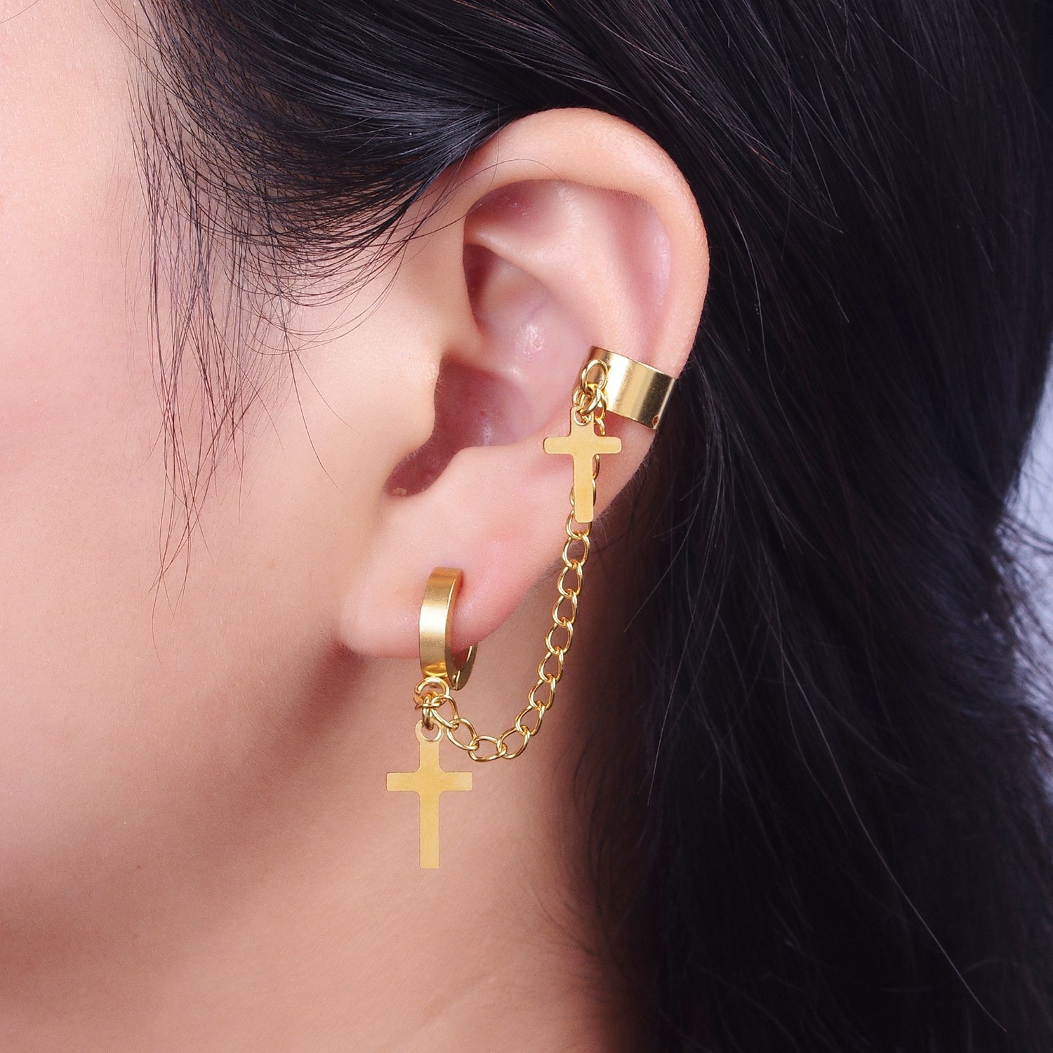 24K Gold Filled Religious Cross Chain Linked Huggie & Ear Cuff | Y175 - DLUXCA