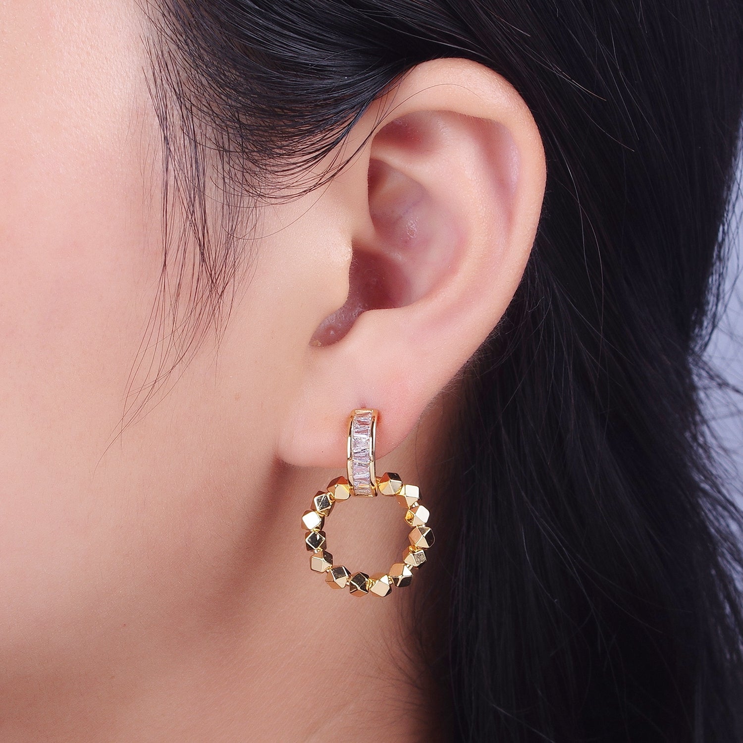 Baguette C Shaped Round Cube Bead Dangle Drop Earrings | Y179 - DLUXCA