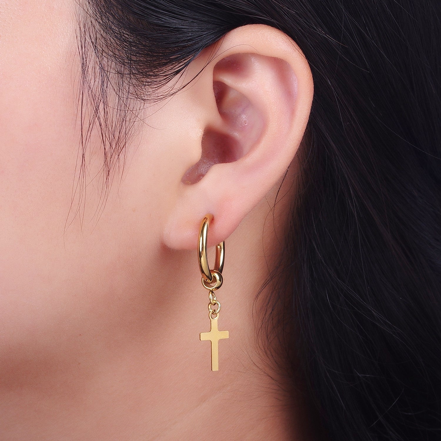 24K Gold Filled Religious Cross 18mm Huggie Drop Earrings Hoops | Y177 - DLUXCA