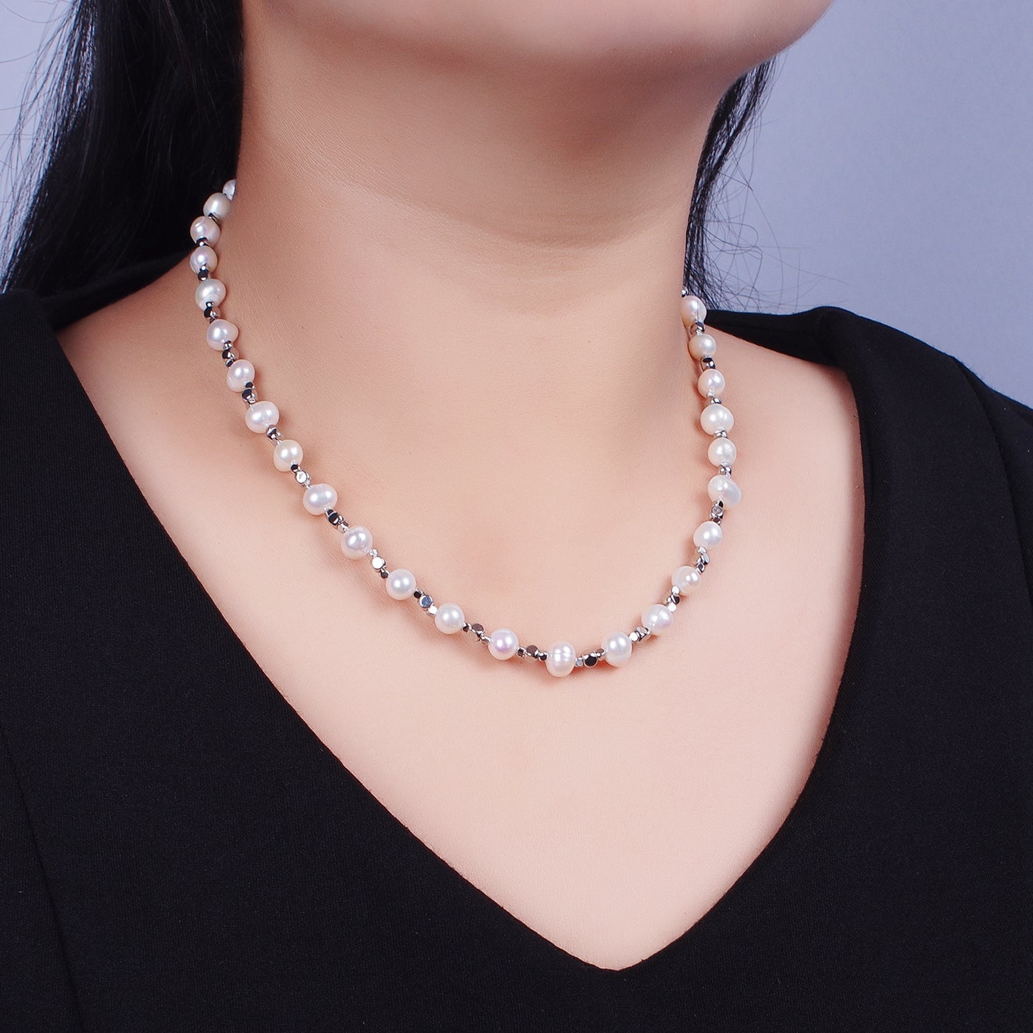 Shell Pearl Silver Cube Spacer Bead 16.5 Inch Necklace | WA-1360 - DLUXCA