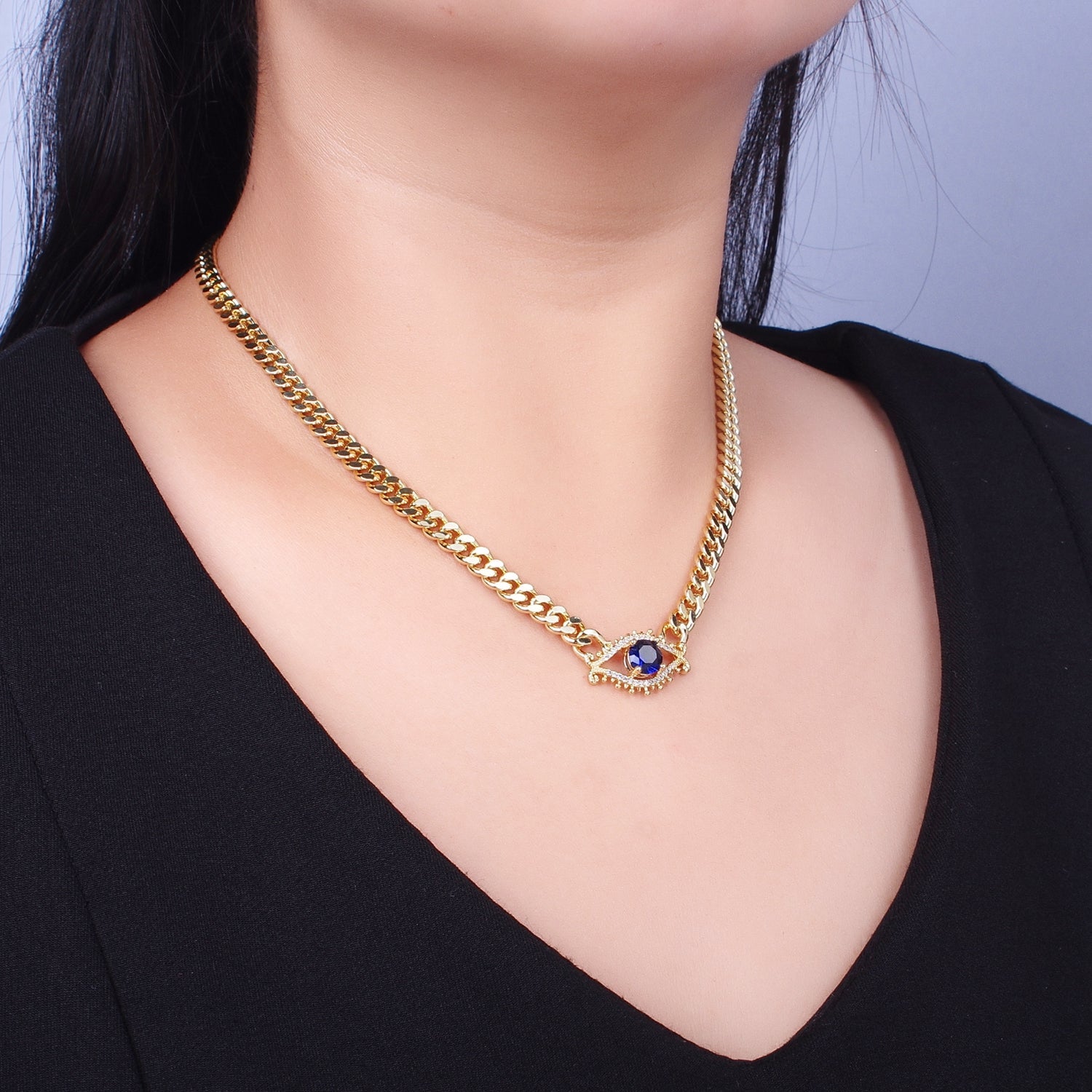 Red, Blue Micro Paved Evil Eye of Ra 18 Inch Gold Curb Chain Necklace | WA-1410 WA-1411 - DLUXCA