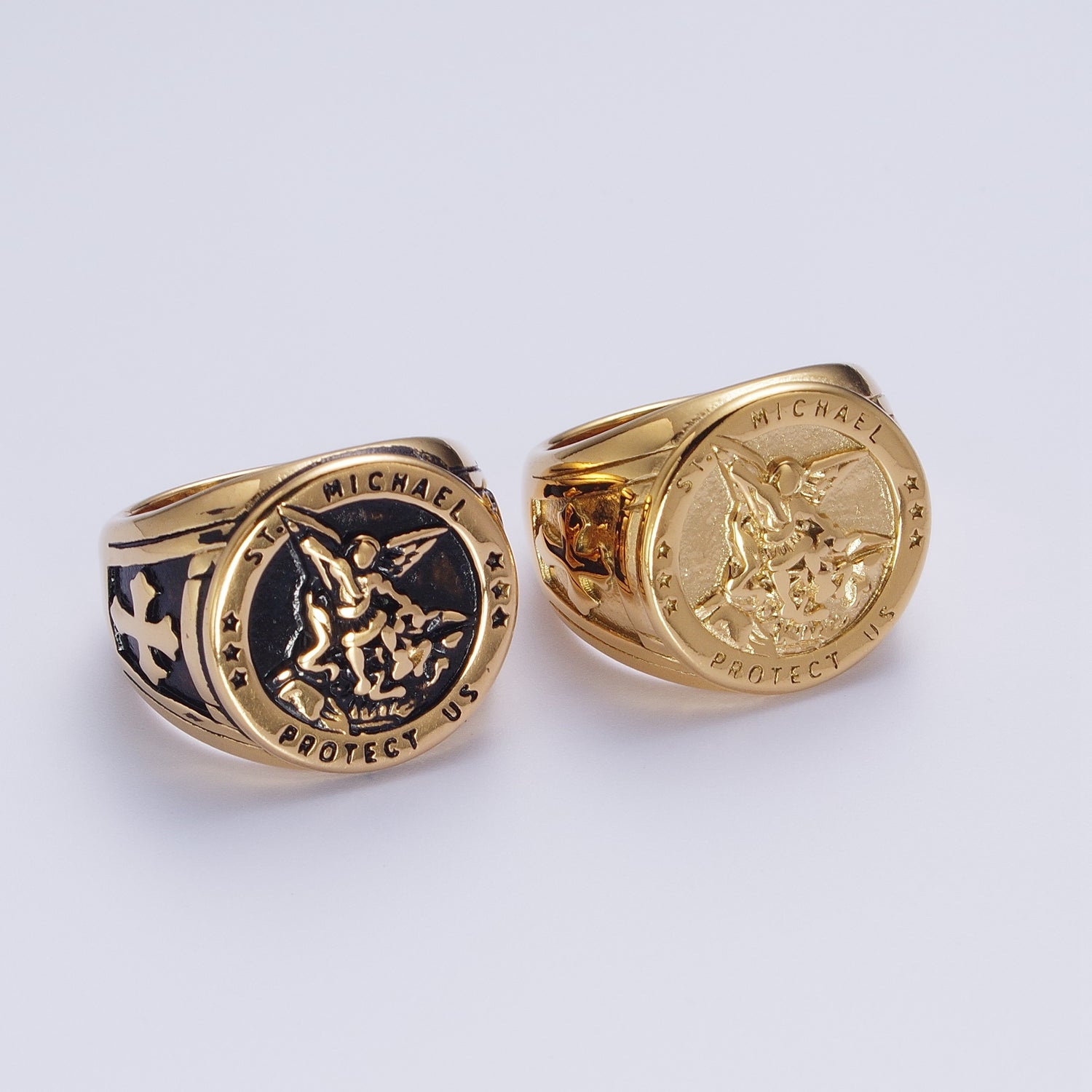 Gold, Silver, Bronze, Mixed Metal Stainless Steel Saint St. Michael Protection Signet Ring | S014 S016 S332 V077 - DLUXCA