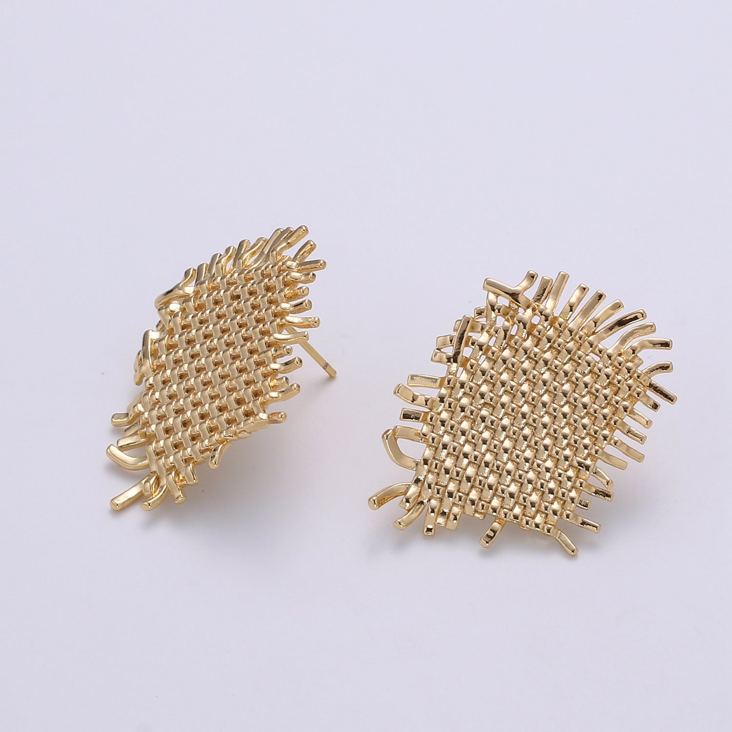 Golden Honey Comb Webbing Braid Studs Earring, Plain Gold Geometric Rectangle Nature Braid Shape Earring Jewelry GP-888 - DLUXCA