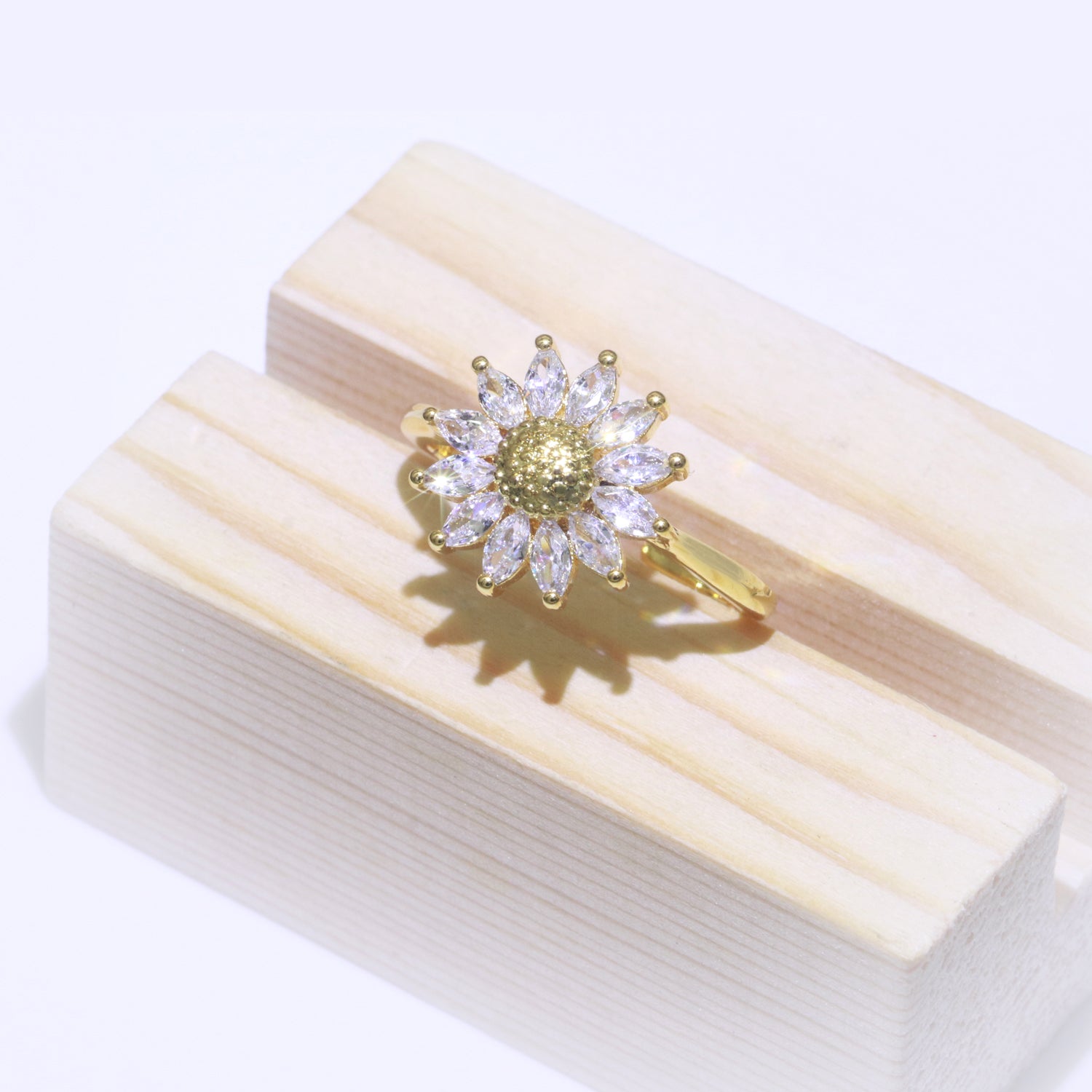 Gold Sun Flower Ring 14k Gold Filed Dainty Ring Cz Open Adjustable Minimalist Ring Stackable Jewelry - DLUXCA