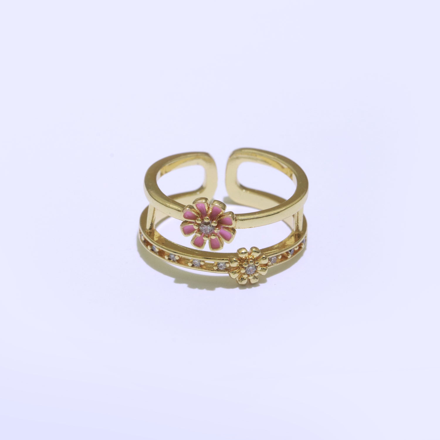 Gold Filled Double band Daisy Ring Enamel Open Adjustable Ring Flower Floral Jewelry - DLUXCA