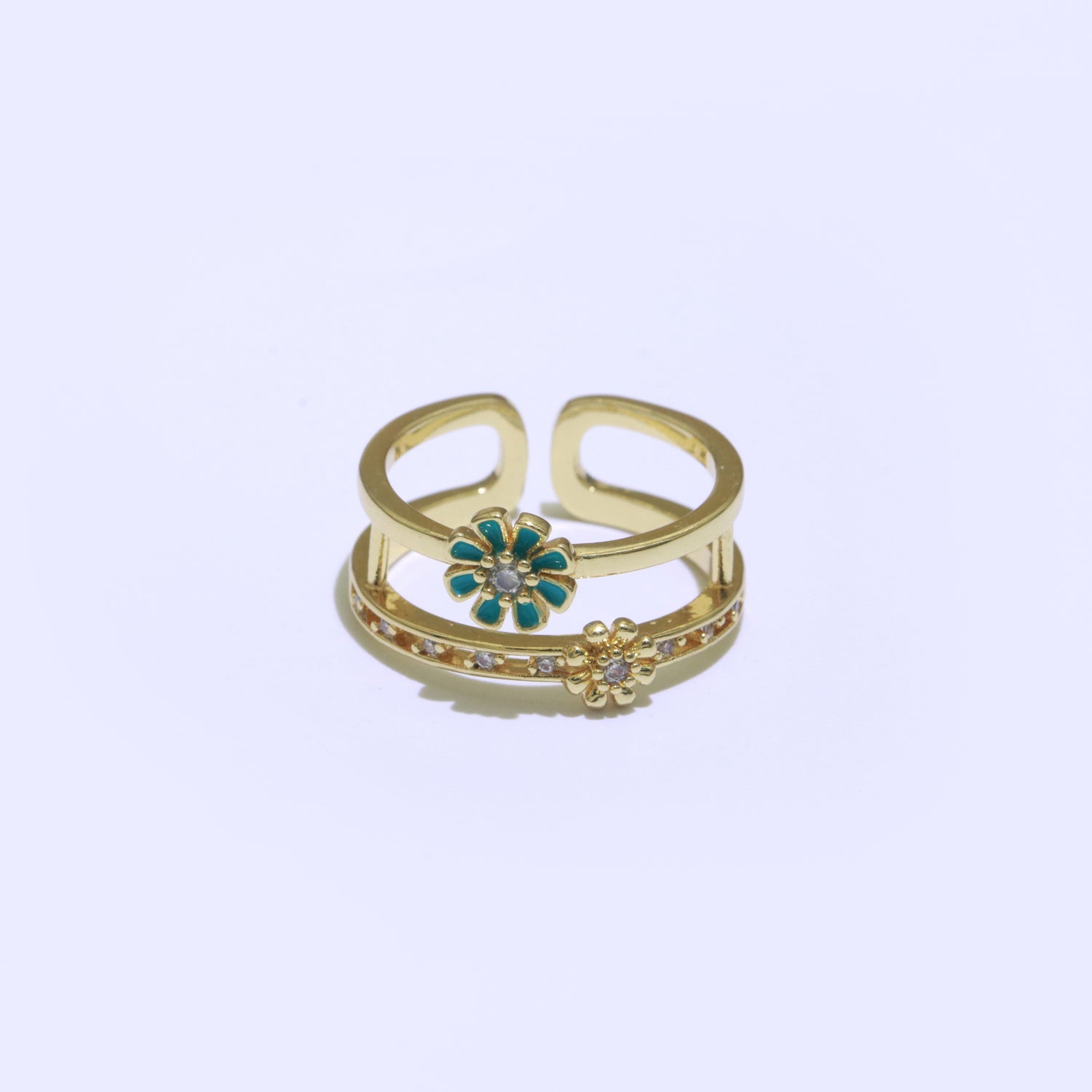 Gold Filled Double band Daisy Ring Enamel Open Adjustable Ring Flower Floral Jewelry - DLUXCA