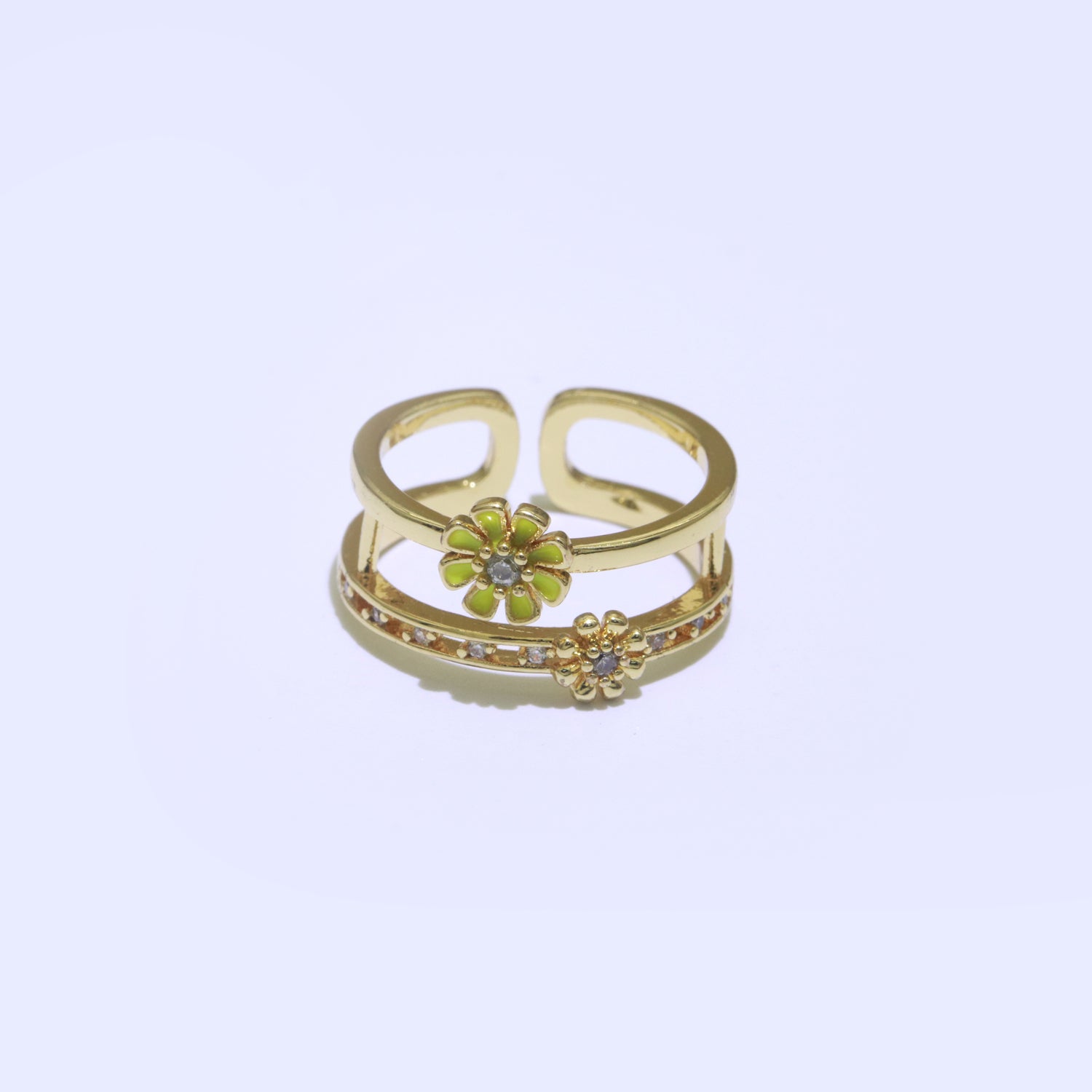 Gold Filled Double band Daisy Ring Enamel Open Adjustable Ring Flower Floral Jewelry - DLUXCA