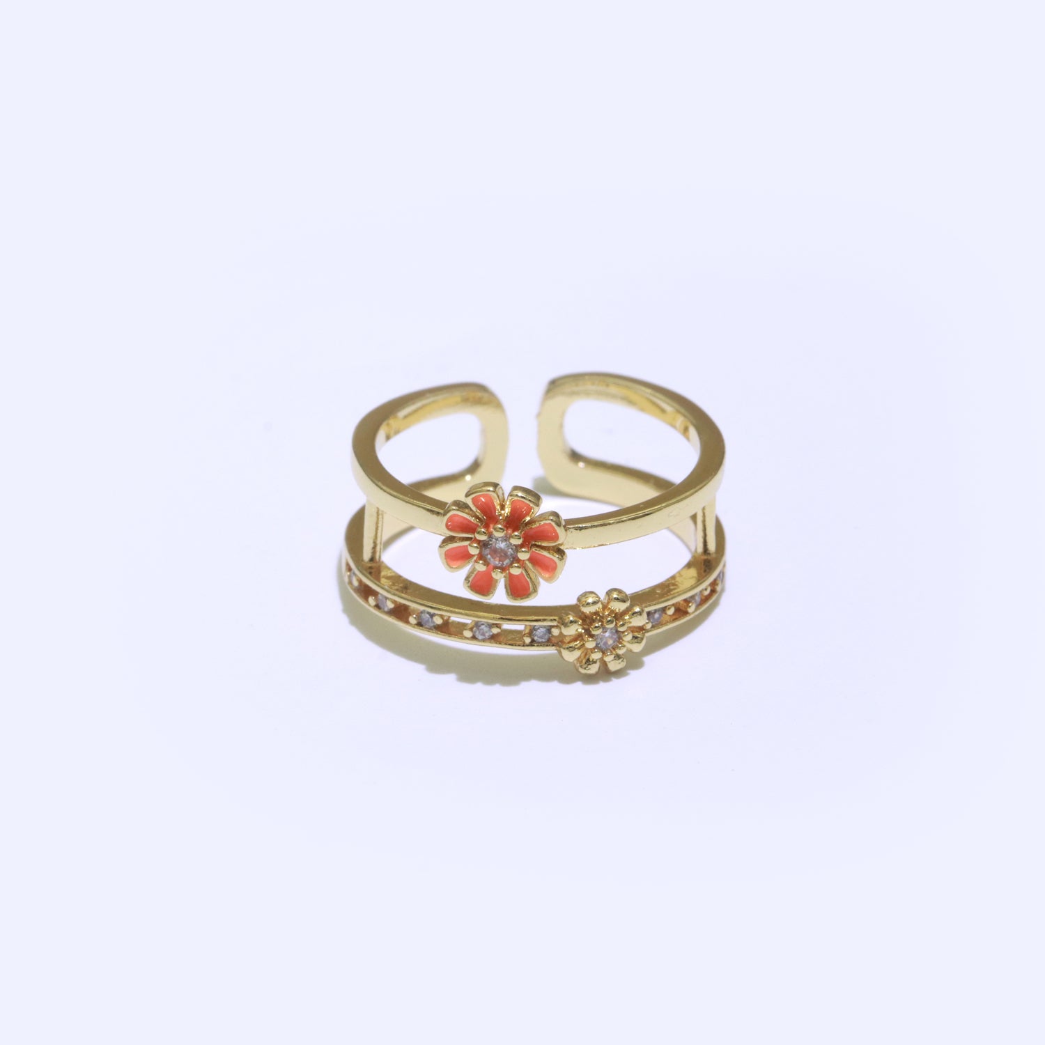 Gold Filled Double band Daisy Ring Enamel Open Adjustable Ring Flower Floral Jewelry - DLUXCA