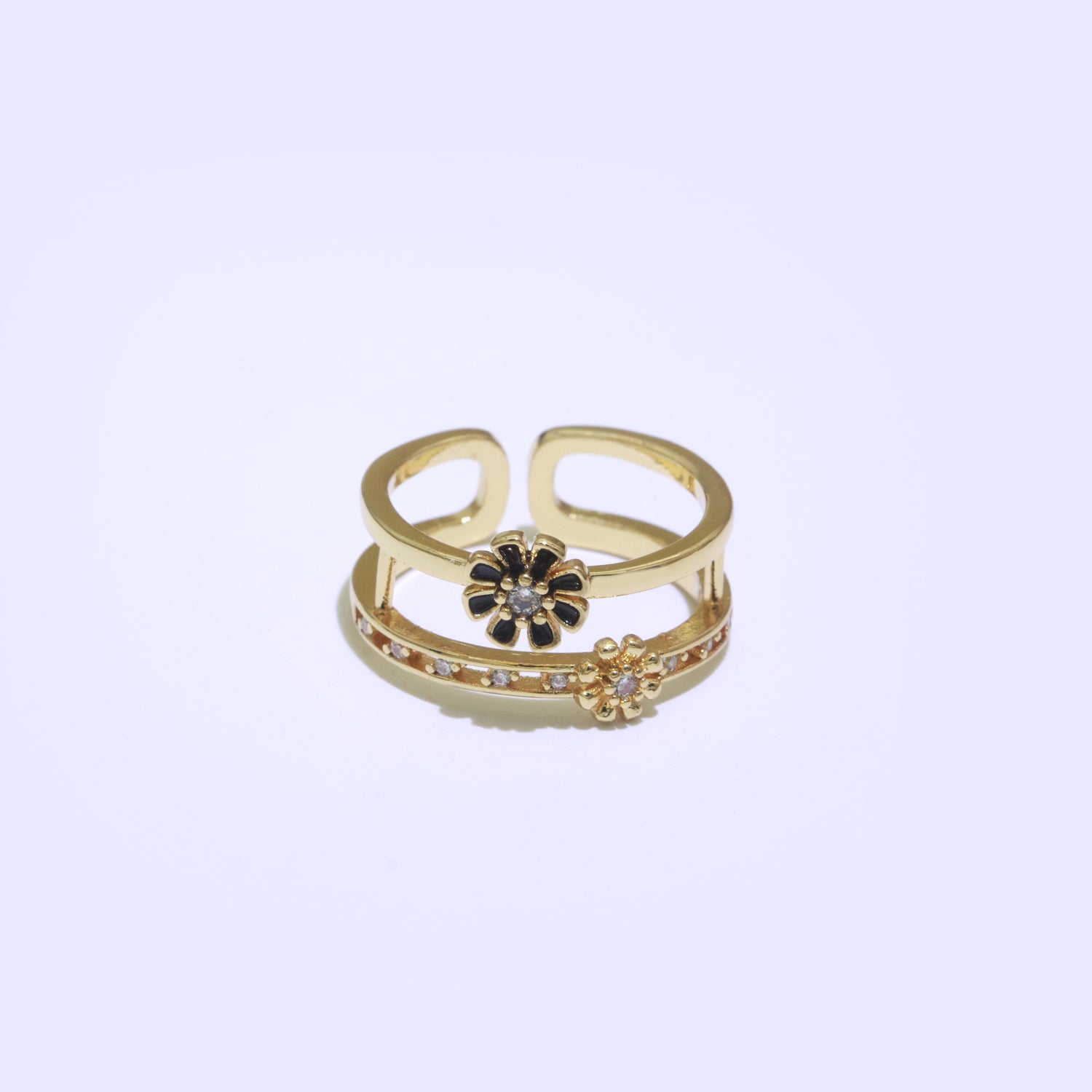 Gold Filled Double band Daisy Ring Enamel Open Adjustable Ring Flower Floral Jewelry - DLUXCA