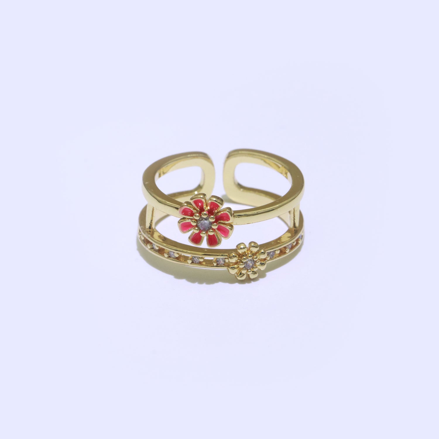 Gold Filled Double band Daisy Ring Enamel Open Adjustable Ring Flower Floral Jewelry - DLUXCA