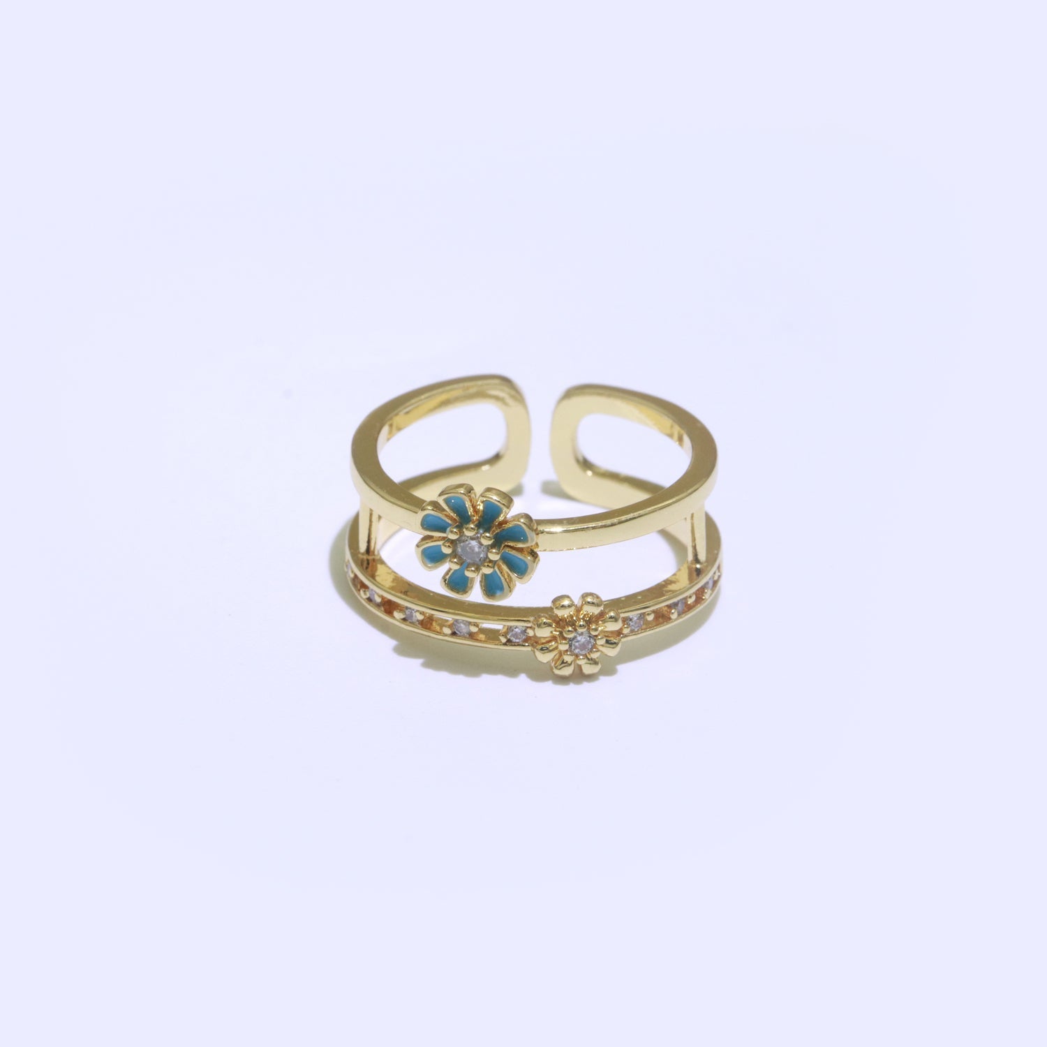 Gold Filled Double band Daisy Ring Enamel Open Adjustable Ring Flower Floral Jewelry - DLUXCA