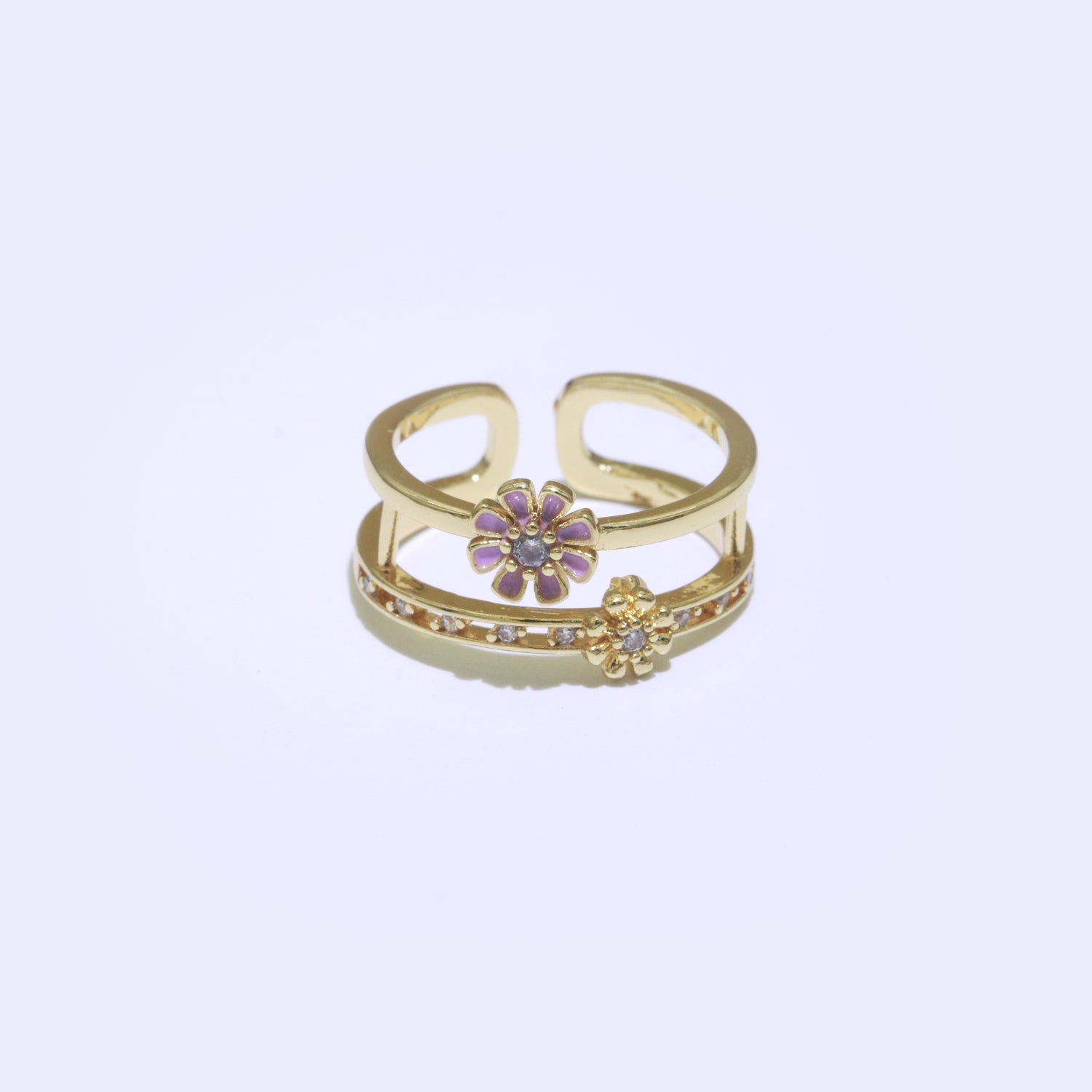 Gold Filled Double band Daisy Ring Enamel Open Adjustable Ring Flower Floral Jewelry - DLUXCA