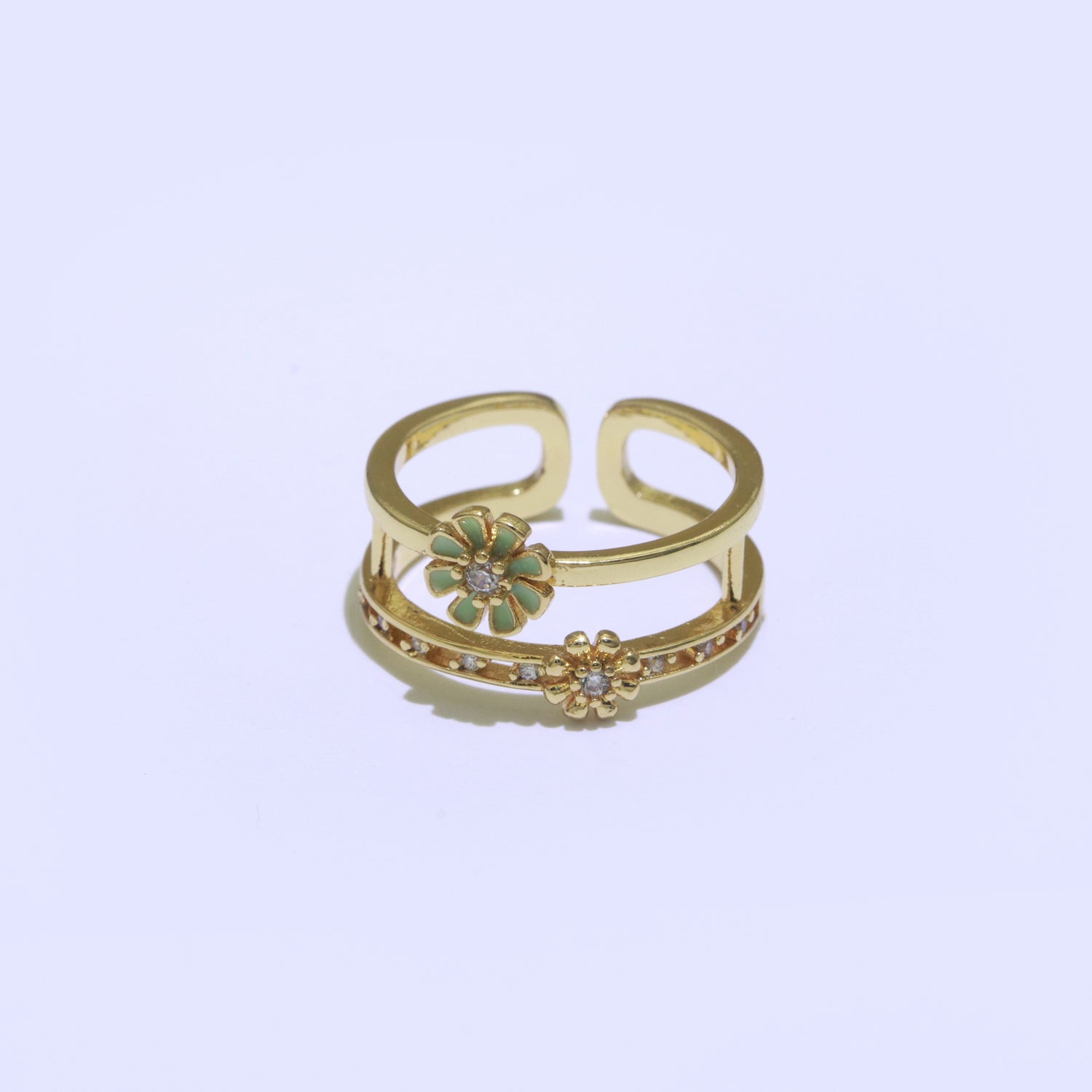 Gold Filled Double band Daisy Ring Enamel Open Adjustable Ring Flower Floral Jewelry - DLUXCA