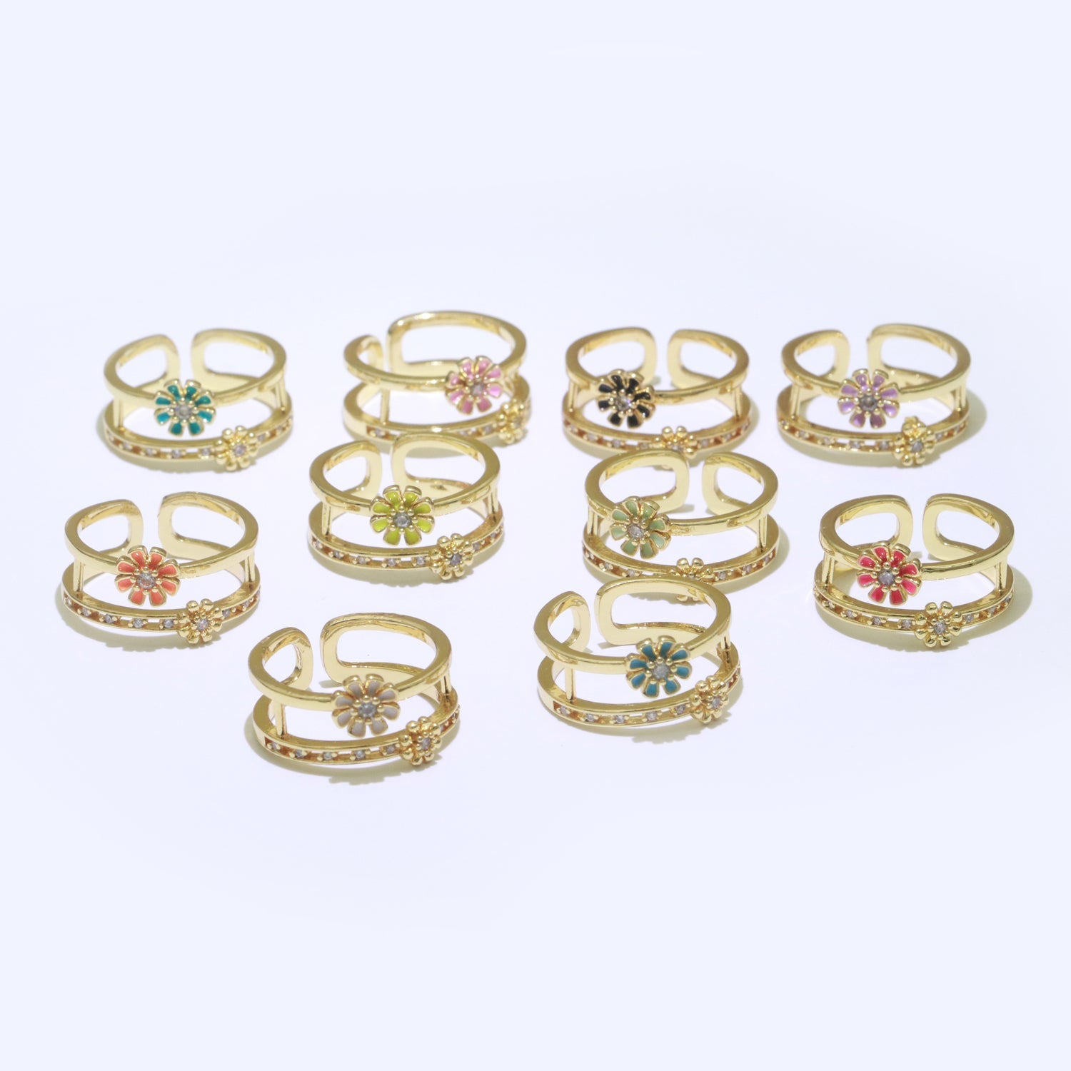 Gold Filled Double band Daisy Ring Enamel Open Adjustable Ring Flower Floral Jewelry - DLUXCA