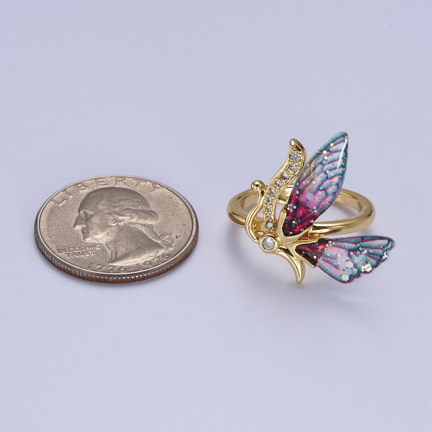 Micro Paved Antenna Butterfly Fairy Fuchsia, Blue Wings Adjustable Ring | Y398 Y399 - DLUXCA