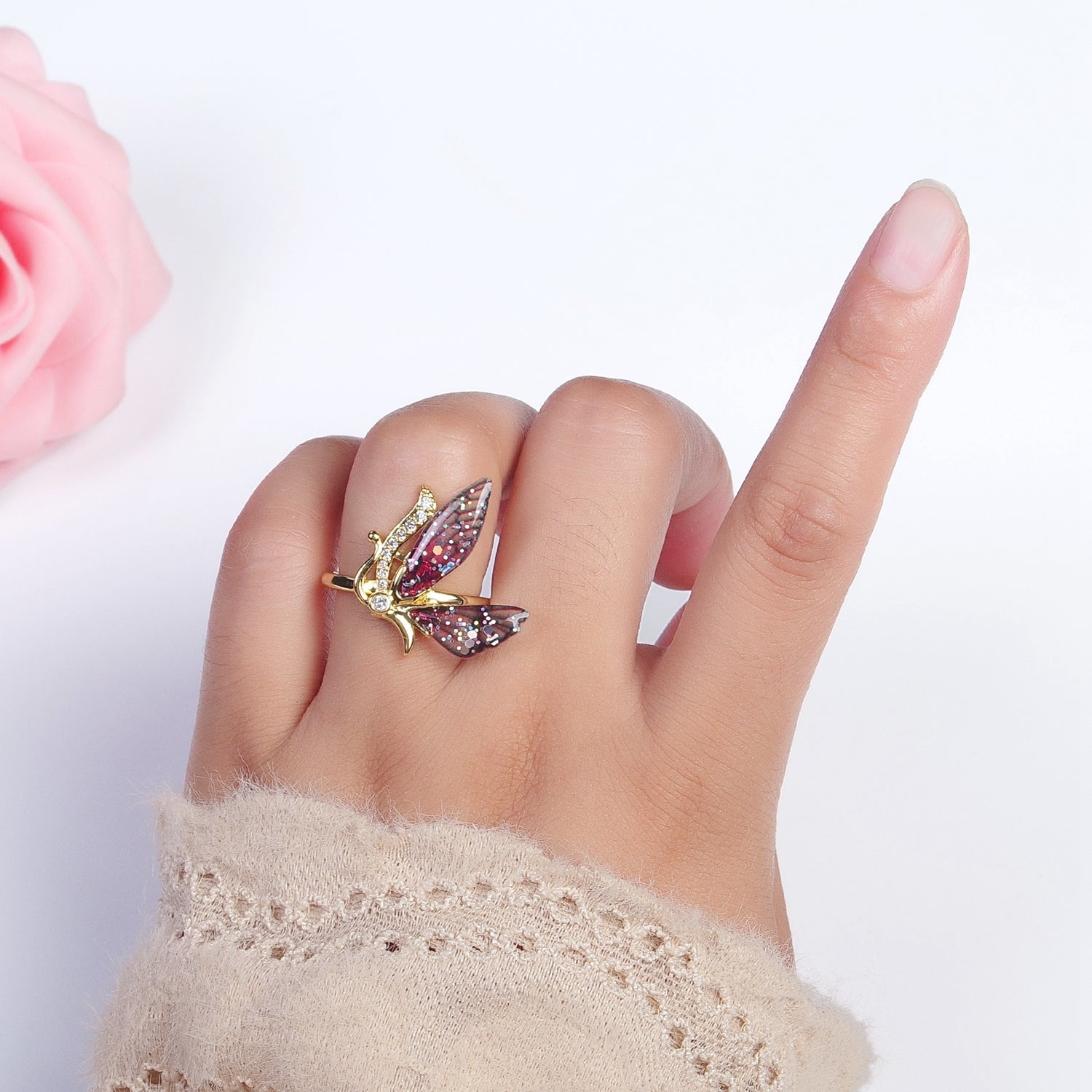 Micro Paved Antenna Butterfly Fairy Fuchsia, Blue Wings Adjustable Ring | Y398 Y399 - DLUXCA