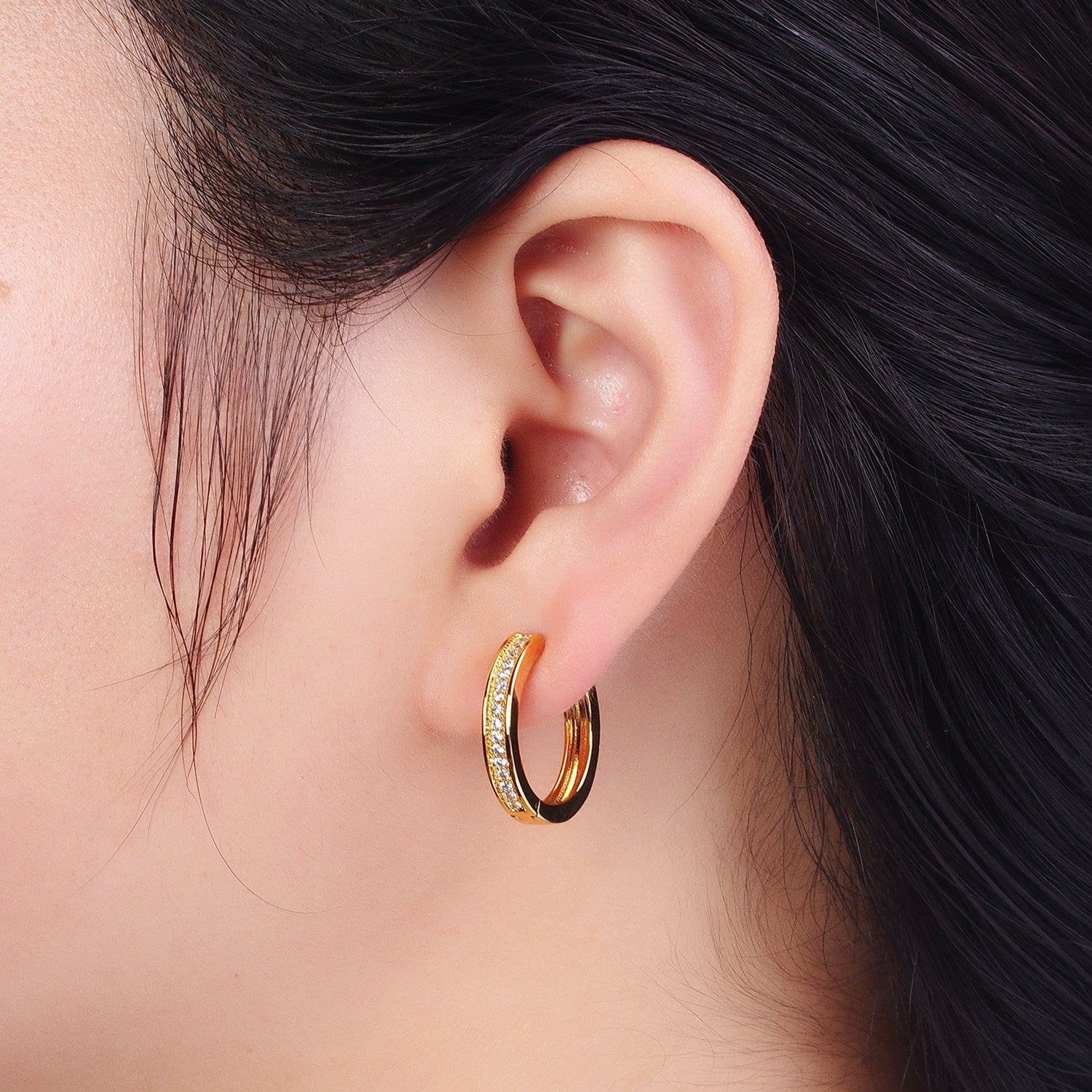 24K Gold Filled 20mm Micro Paved Cubic Zirconia Huggie Hoop Earrings | X911 - DLUXCA