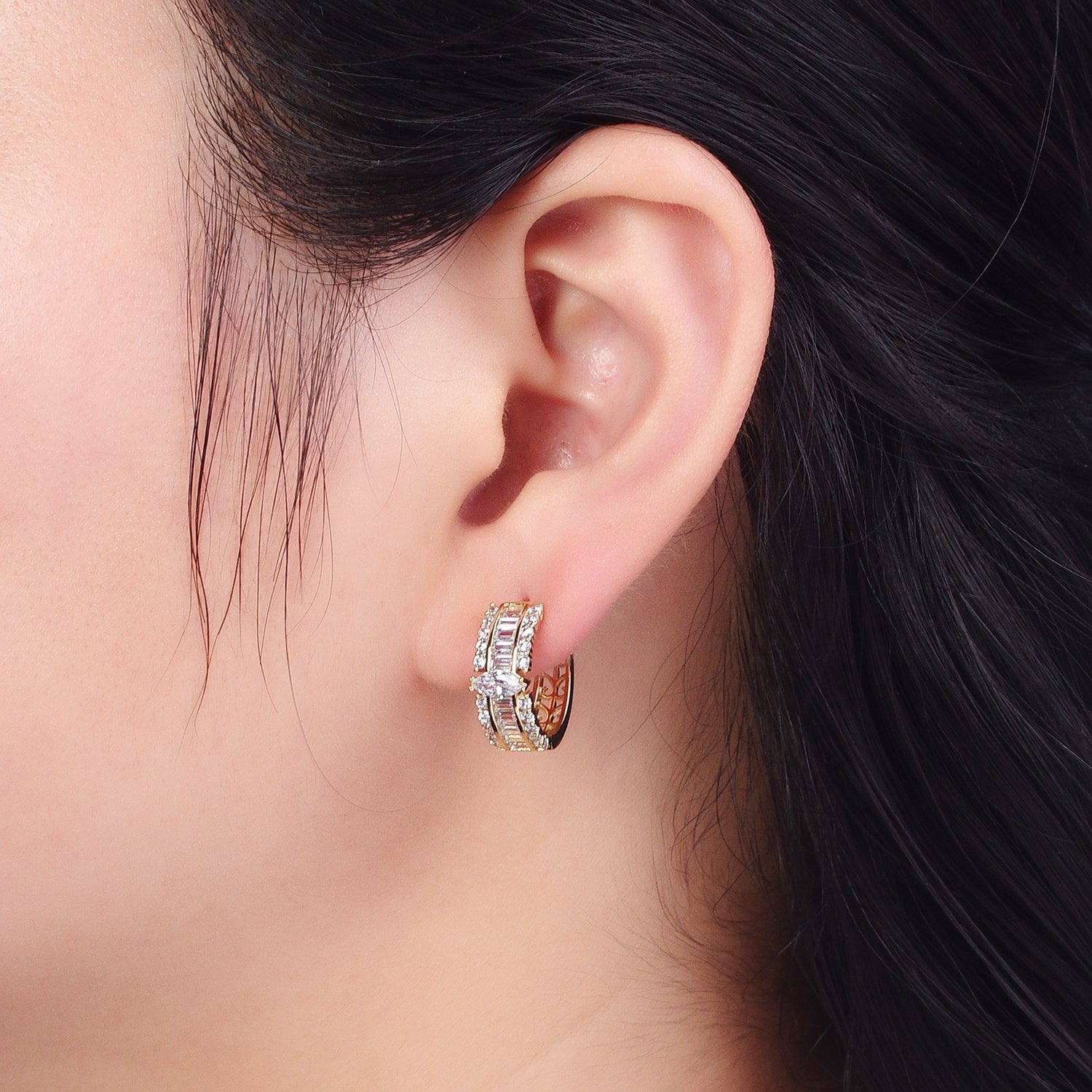 Gold Marquise Hoops Medium Huggie CZ Diamond Earrings • Dainty Hoops for your Earring G-341 - DLUXCA