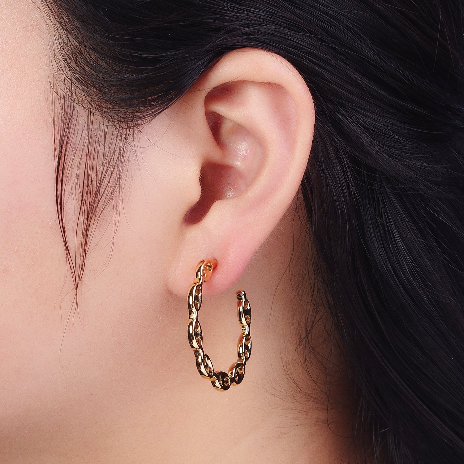 Anchor Mariner Chain Link C Shaped Hoop Stud Earrings in Gold & Silver | X878 X879 - DLUXCA