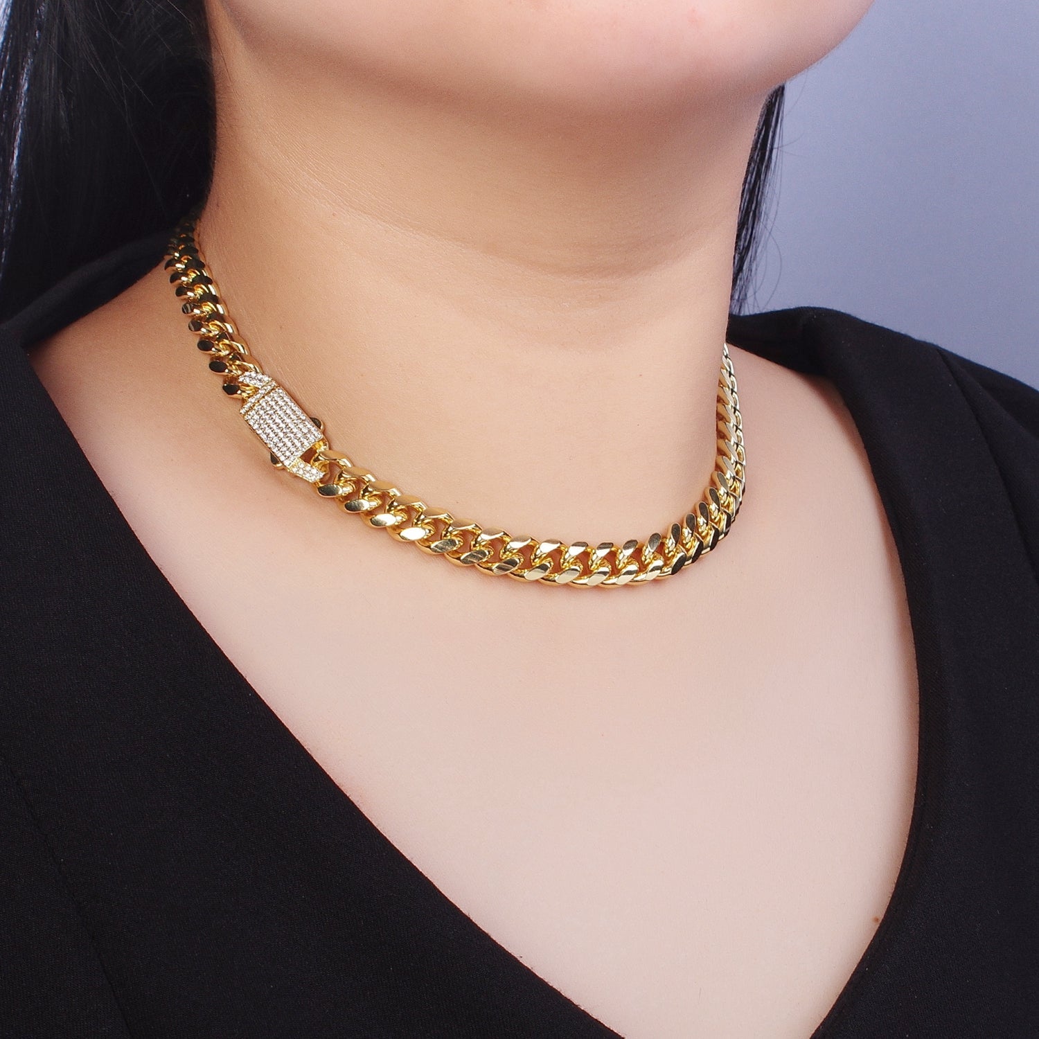 Micro Paved Cubic Zirconia Snap Lock Gold Cuban Curb Choker Necklace | WA-1106 - DLUXCA