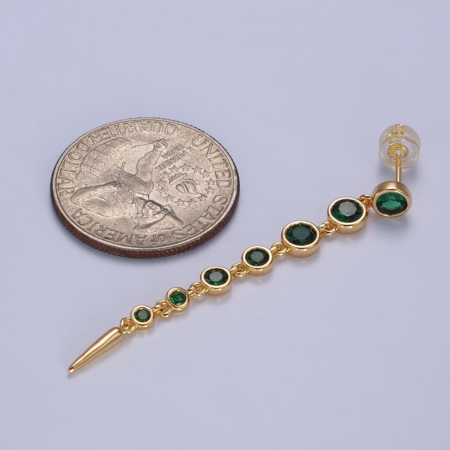 2 Inches Round Green, Clear CZ Spike Long Linear Drop Earrings in Gold & Silver | AB168 AB169 AB171 - DLUXCA