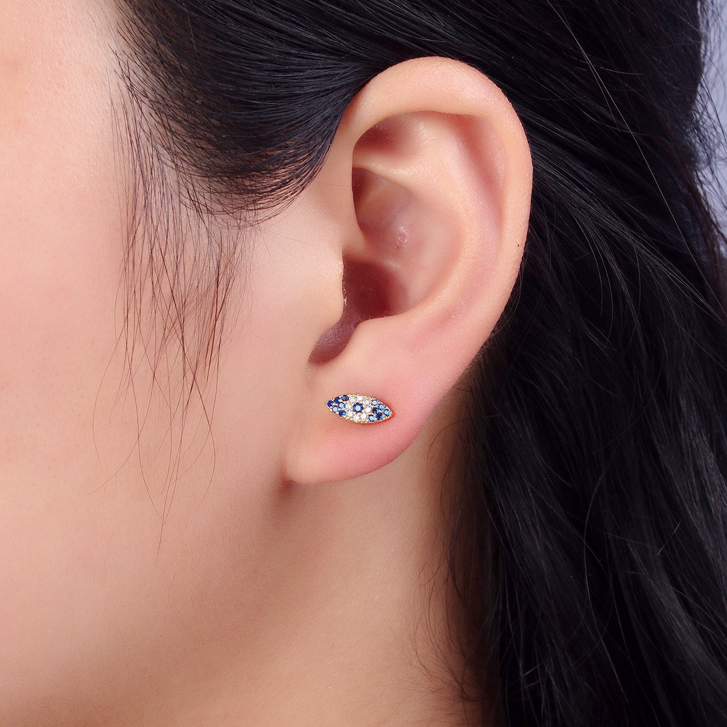 Gold Mini Evil Eye Blue White Micro Paved CZ Stud Earrings | AB184 - DLUXCA