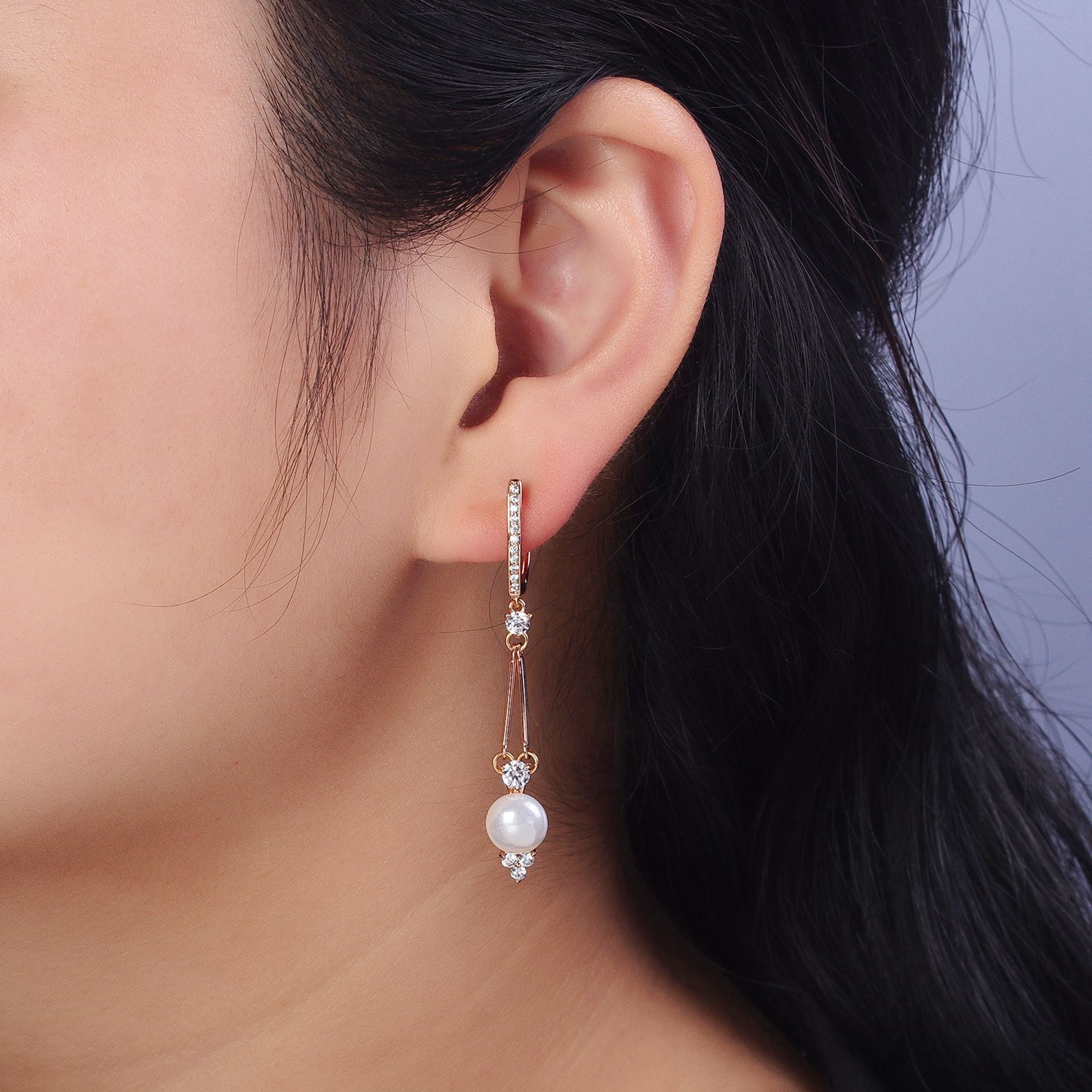 18K Gold Filled Pearl CZ Double Bar Drop Dangle Micro Paved English Lock Earrings | AB296 - DLUXCA