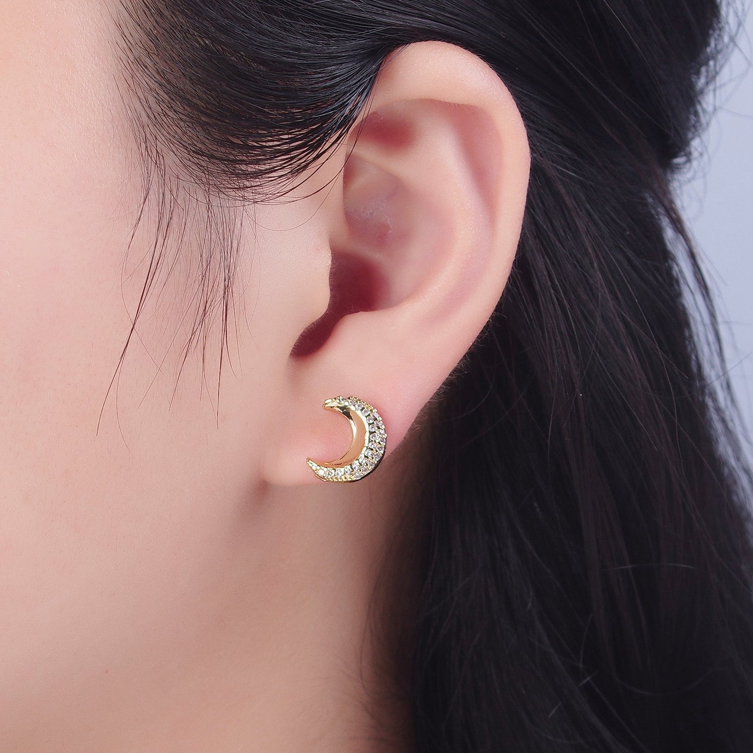Micro Pave Cubic Zirconia Gold Celestial Crescent Moon Stud Earrings W-774 - DLUXCA