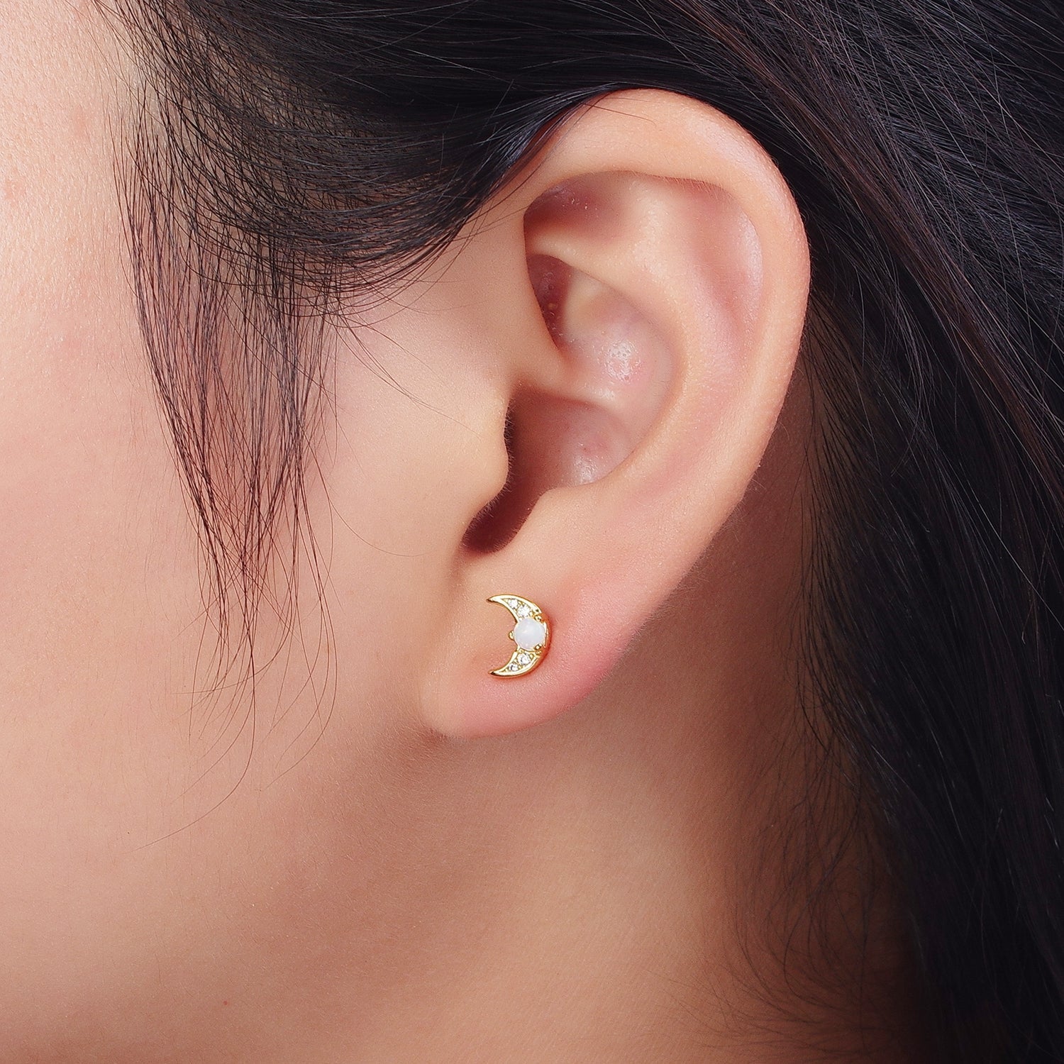 24K Gold Filled Mini White Opal Micro Paved CZ Crescent Moon Stud Earrings | Y225 - DLUXCA