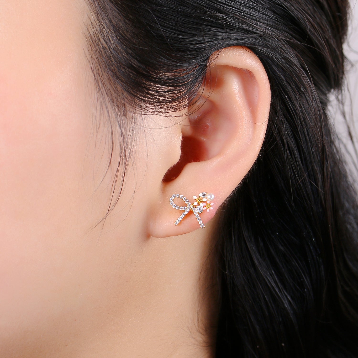 1x Gold Bow Earrings- 24k Gold Tiny Dainty Small Bow White CZ Gem Minimalist Jewelry Studs for Women Q-384 , Q-385 - DLUXCA