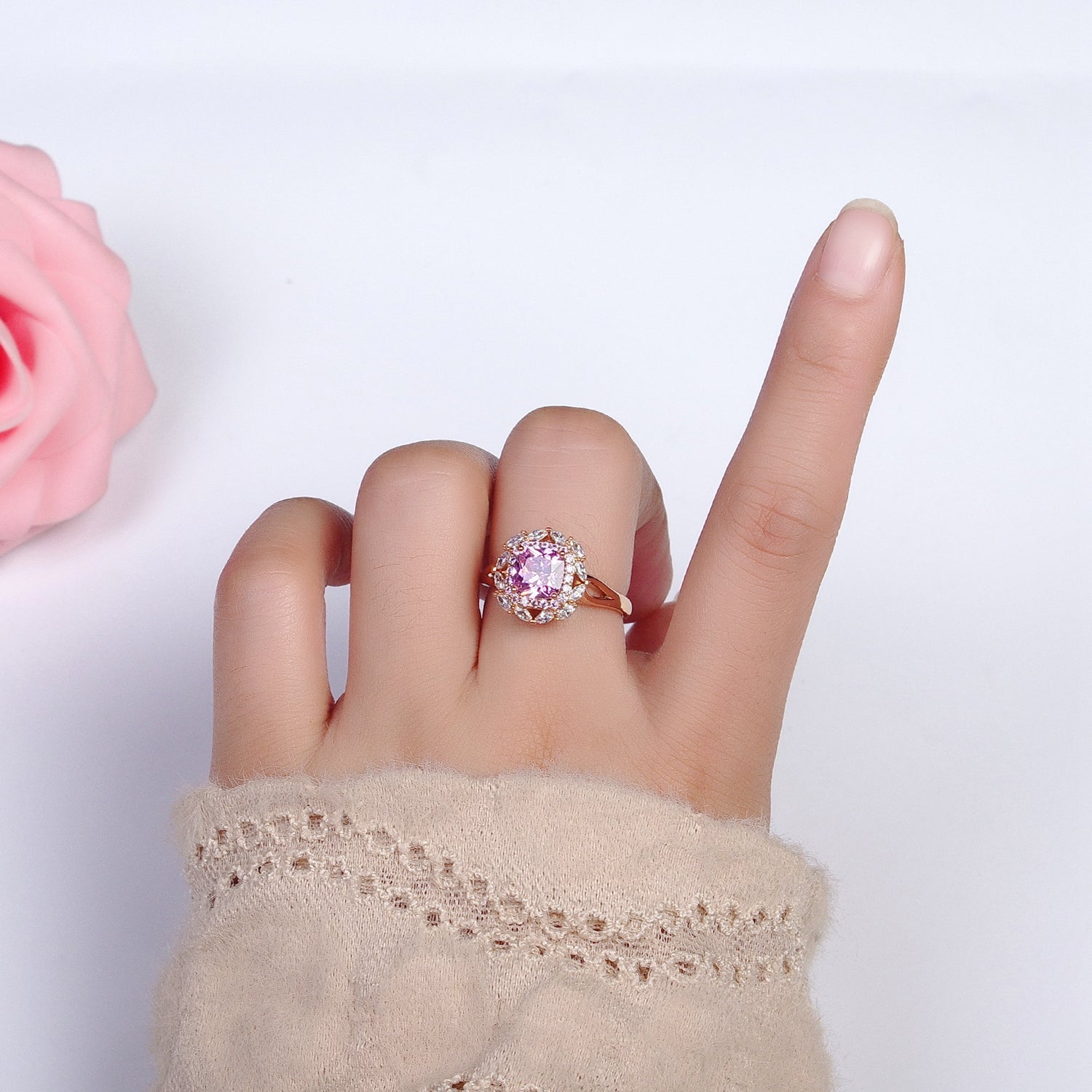 18K Gold Filled Pink CZ Square Clear Micro Paved Marquise Adjustable Ring | Y585 - DLUXCA