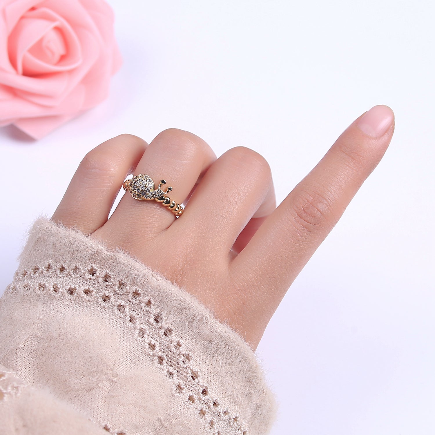 Micro Pave Snail Ring, Heart Textured Gold Adjustable Band Ring, 24K Gold Filled Nature Ocean Wildlife Under The Sea Ring U441 - DLUXCA