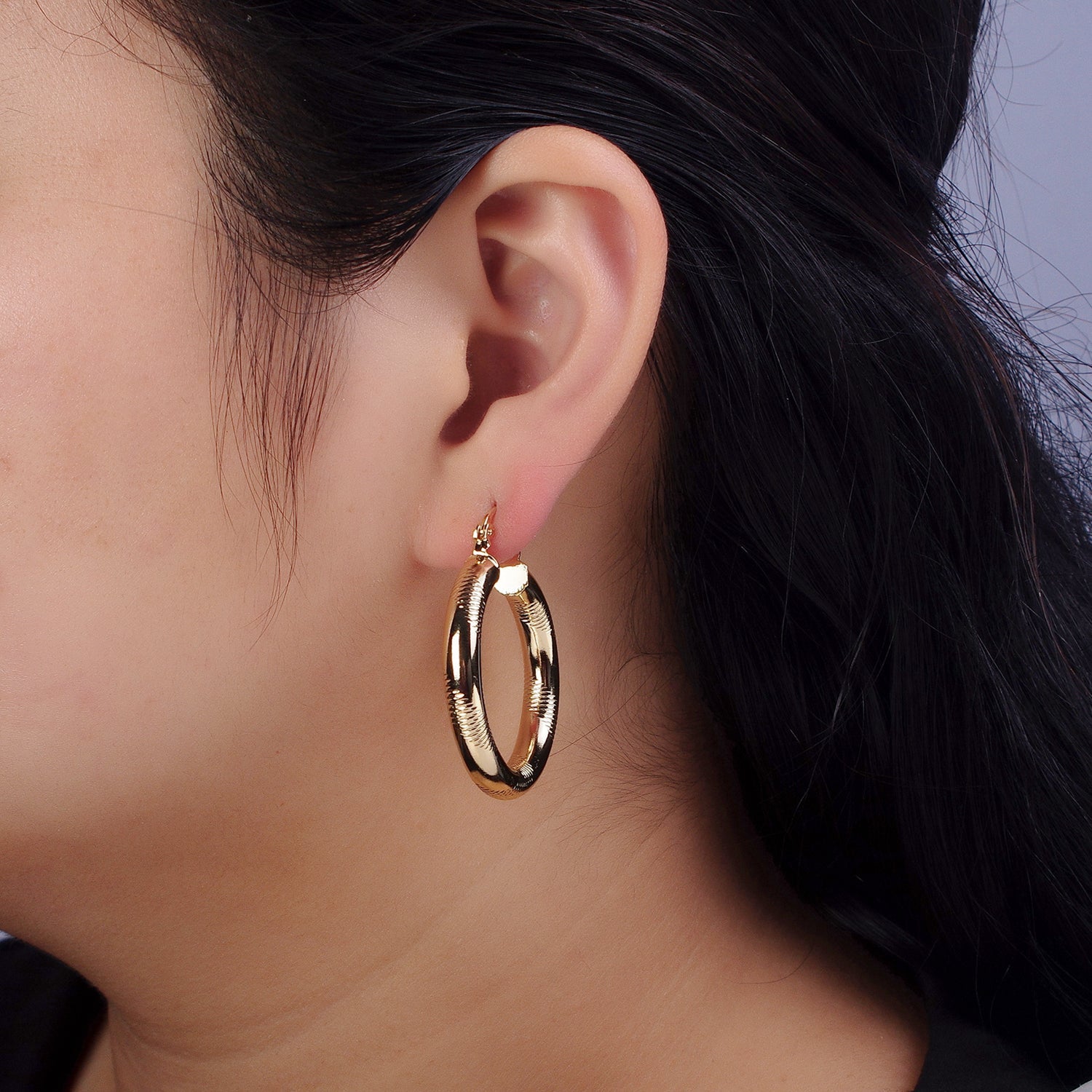 14K Gold Filled 40mm, 50mm, 60mm Line-Textured Statement Latch Hoop Earrings | AB208 AB207 AB209 - DLUXCA