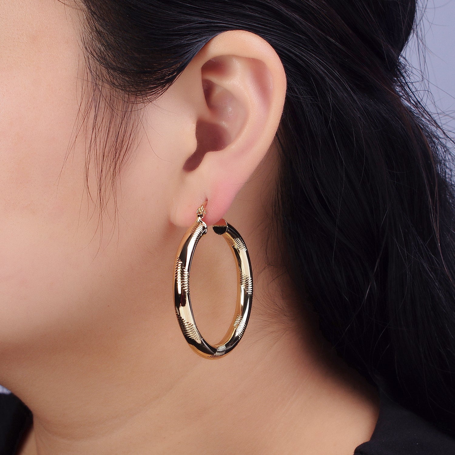 14K Gold Filled 40mm, 50mm, 60mm Line-Textured Statement Latch Hoop Earrings | AB208 AB207 AB209 - DLUXCA