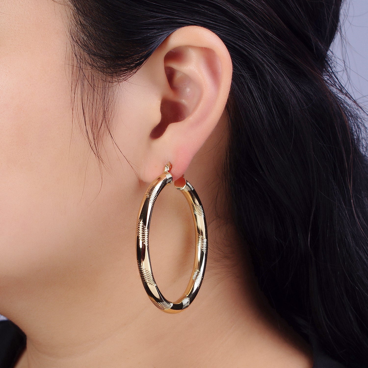 14K Gold Filled 40mm, 50mm, 60mm Line-Textured Statement Latch Hoop Earrings | AB208 AB207 AB209 - DLUXCA