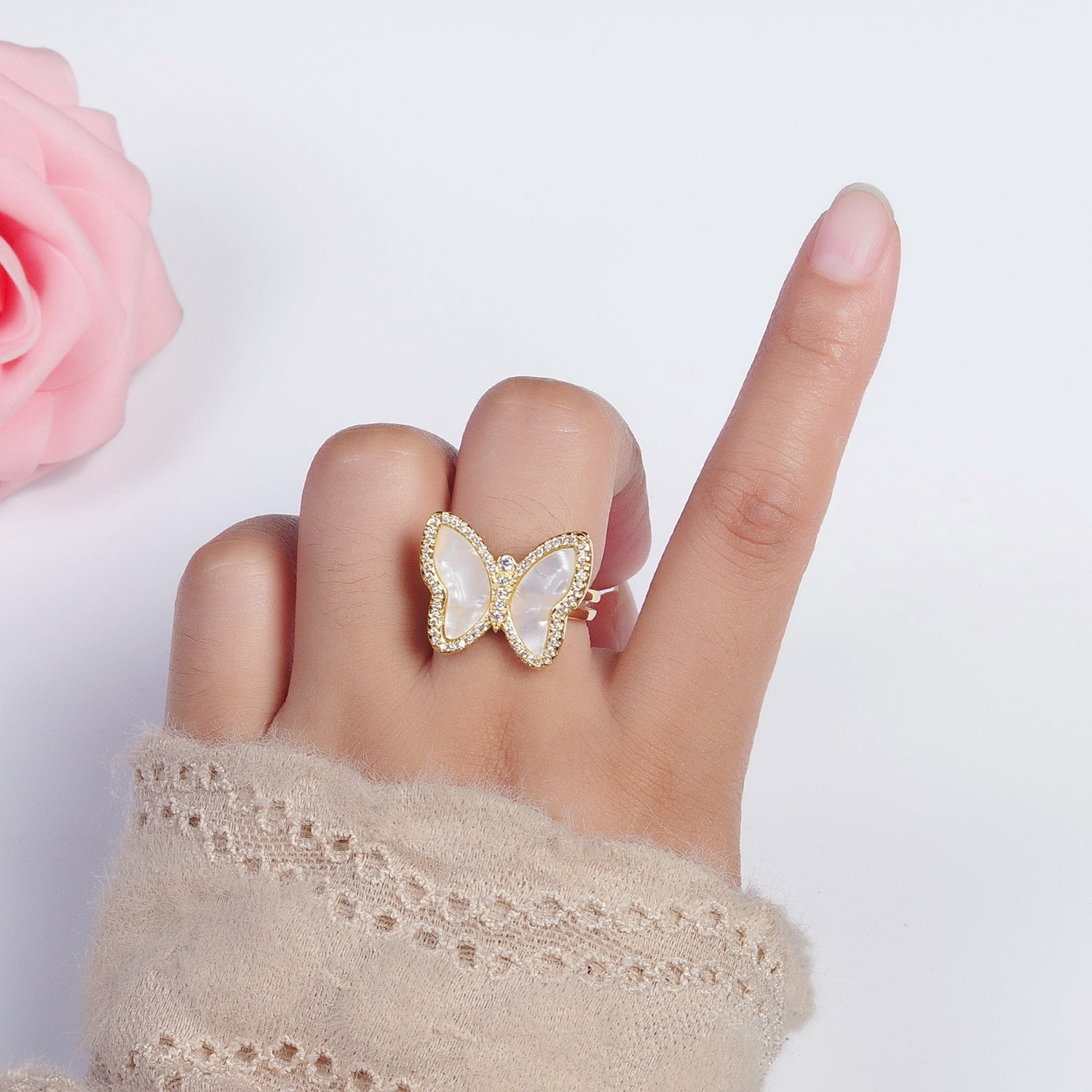Gold Shell Pearl Butterfly Mariposa Micro Paved CZ Adjustable Double Band Ring | Y443 - DLUXCA