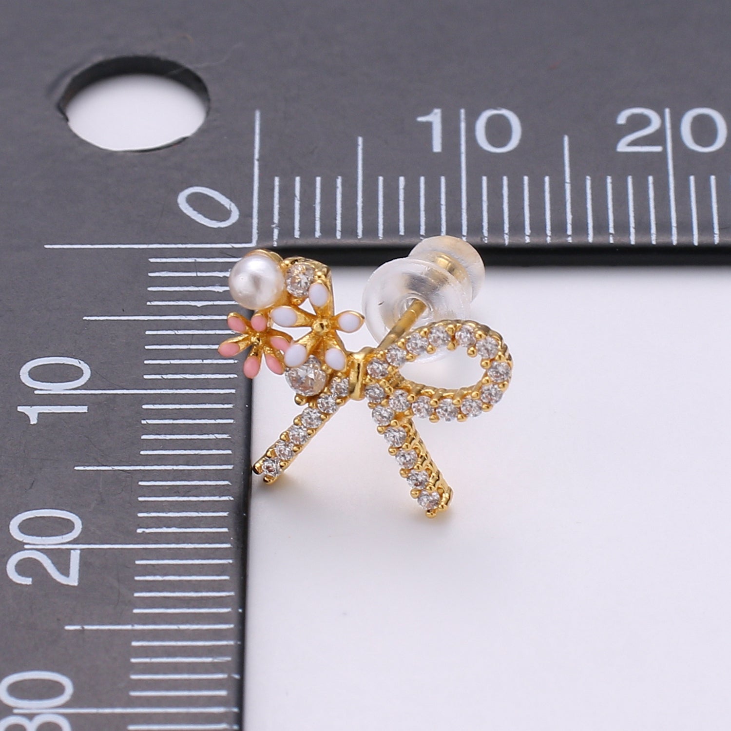 1x Gold Bow Earrings- 24k Gold Tiny Dainty Small Bow White CZ Gem Minimalist Jewelry Studs for Women Q-384 , Q-385 - DLUXCA