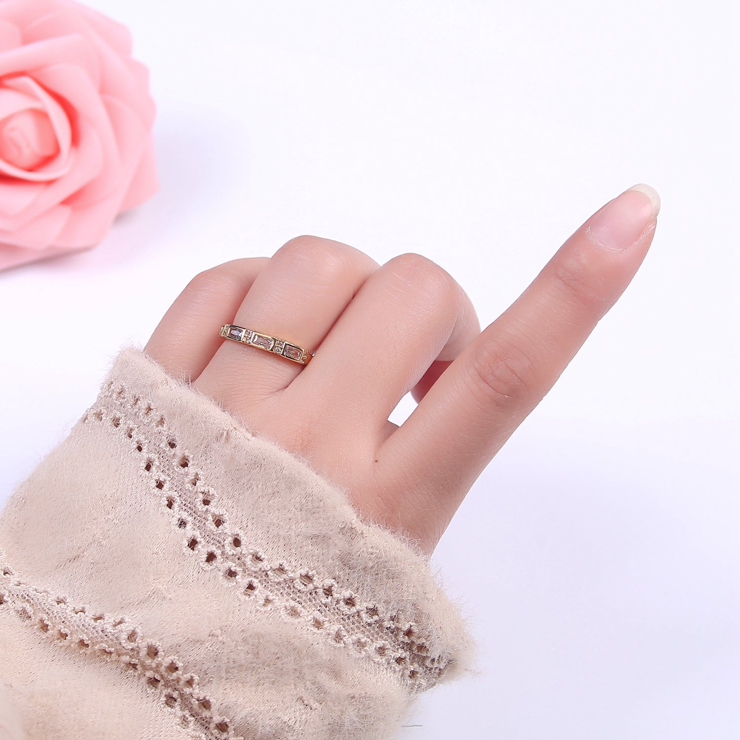 Dainty Gold band crystal ring stackable ring minimalist Jewelry feminine ring Adjustable S-453 - DLUXCA