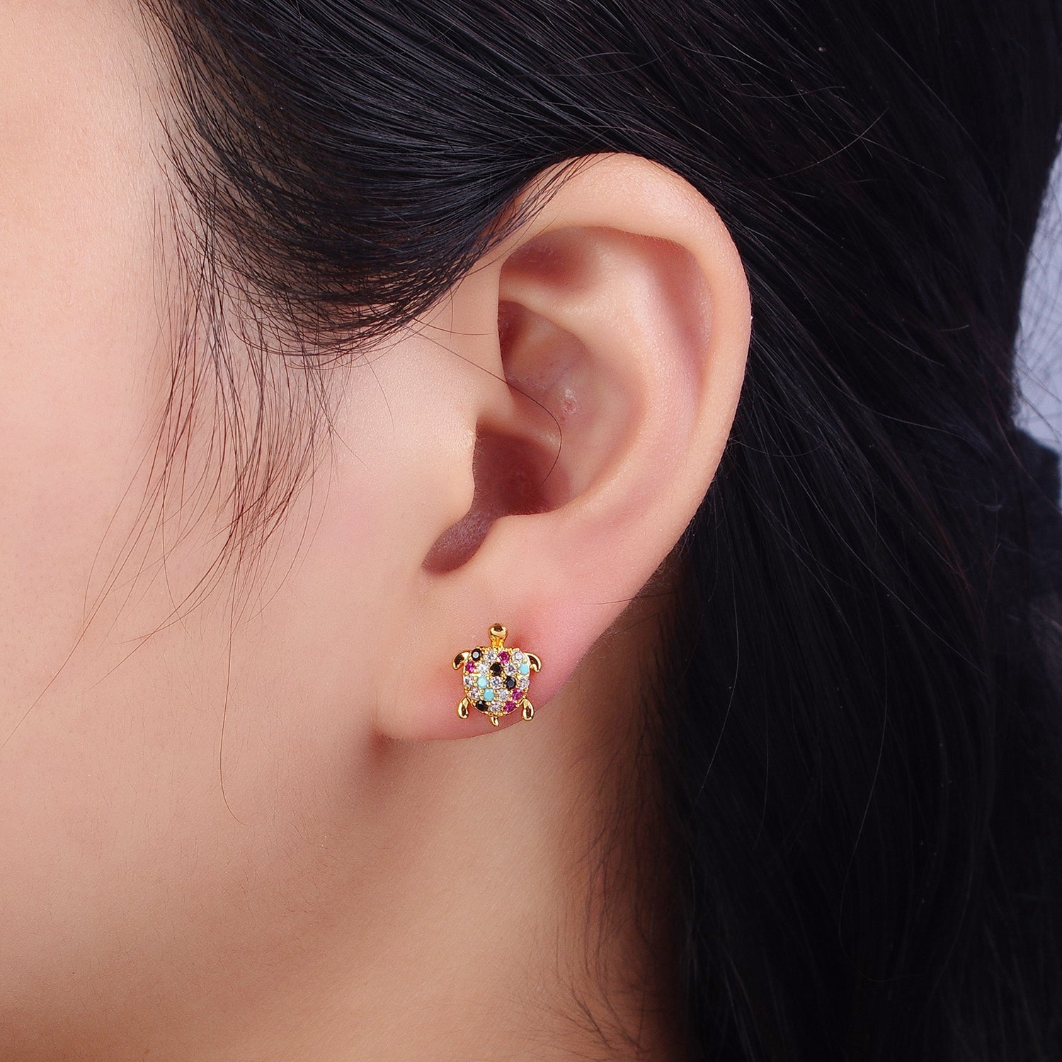 Multicolor CZ Micro Paved Turtle Sea Tortoise Gold Stud Earrings | AB120 - DLUXCA